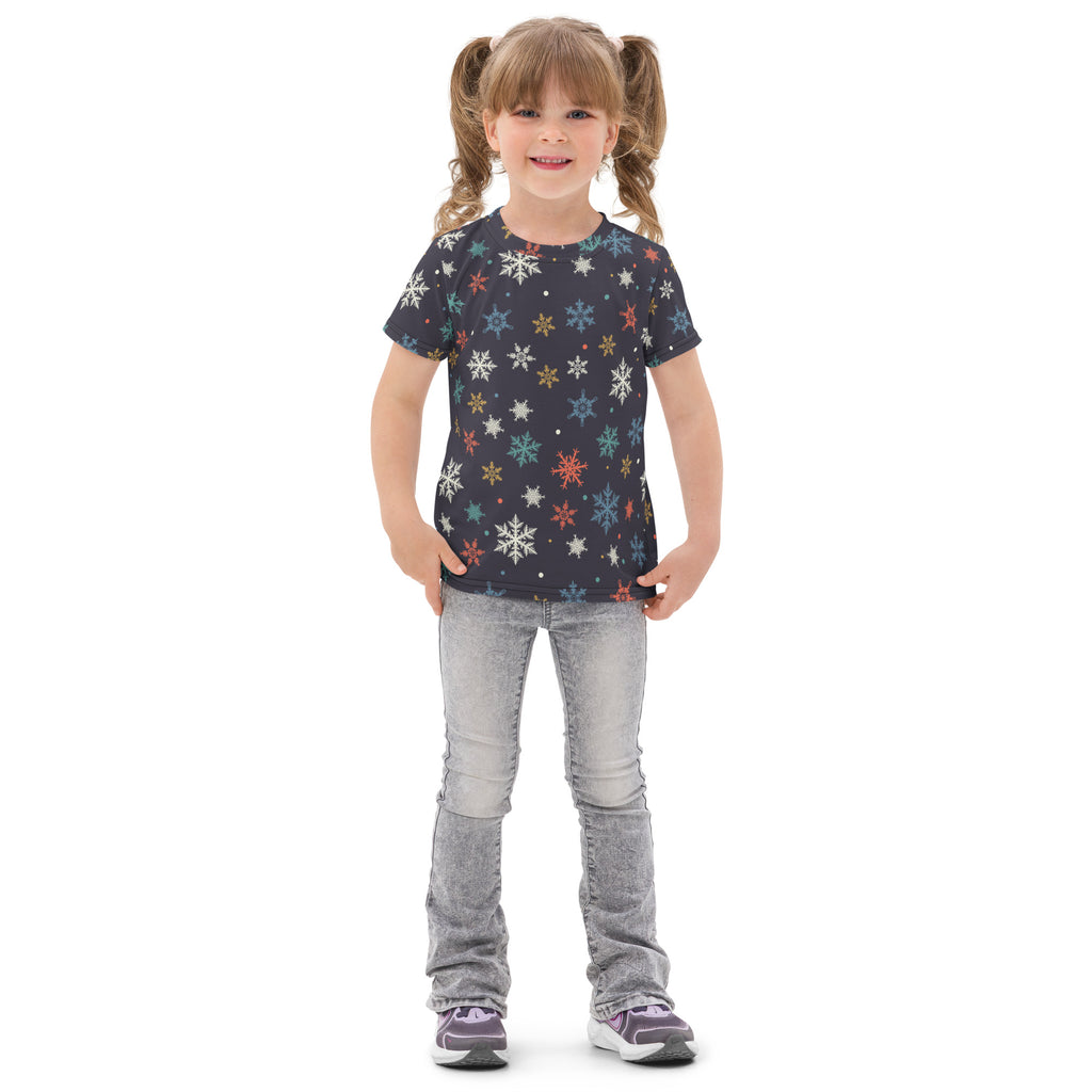 Kids colorful snowflakes cotton t-shirt in dark navy with multicolored snowflake pattern short sleeved