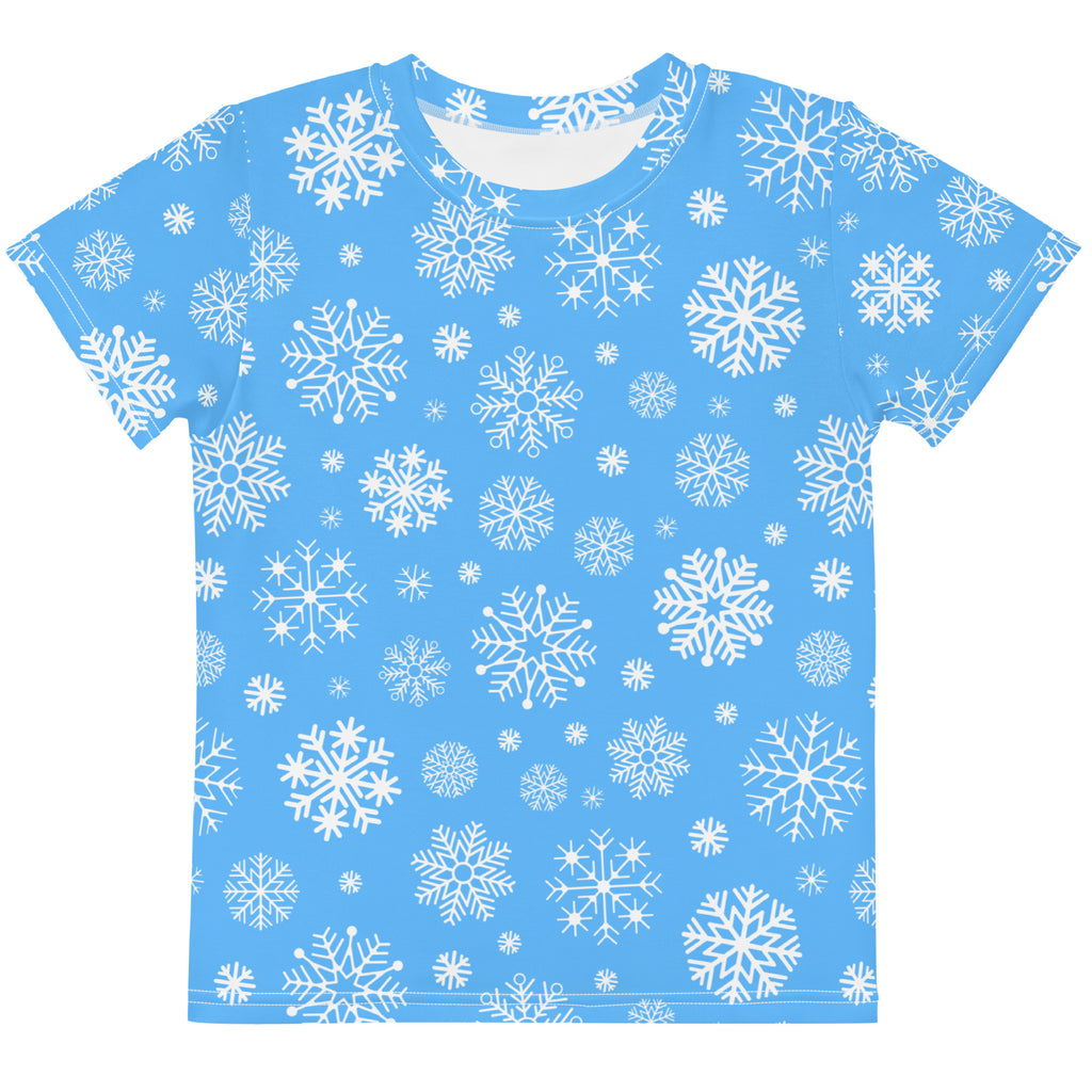 Kids blue snowflakes cotton t-shirt with light blue short sleeves and white all-over snowflake print