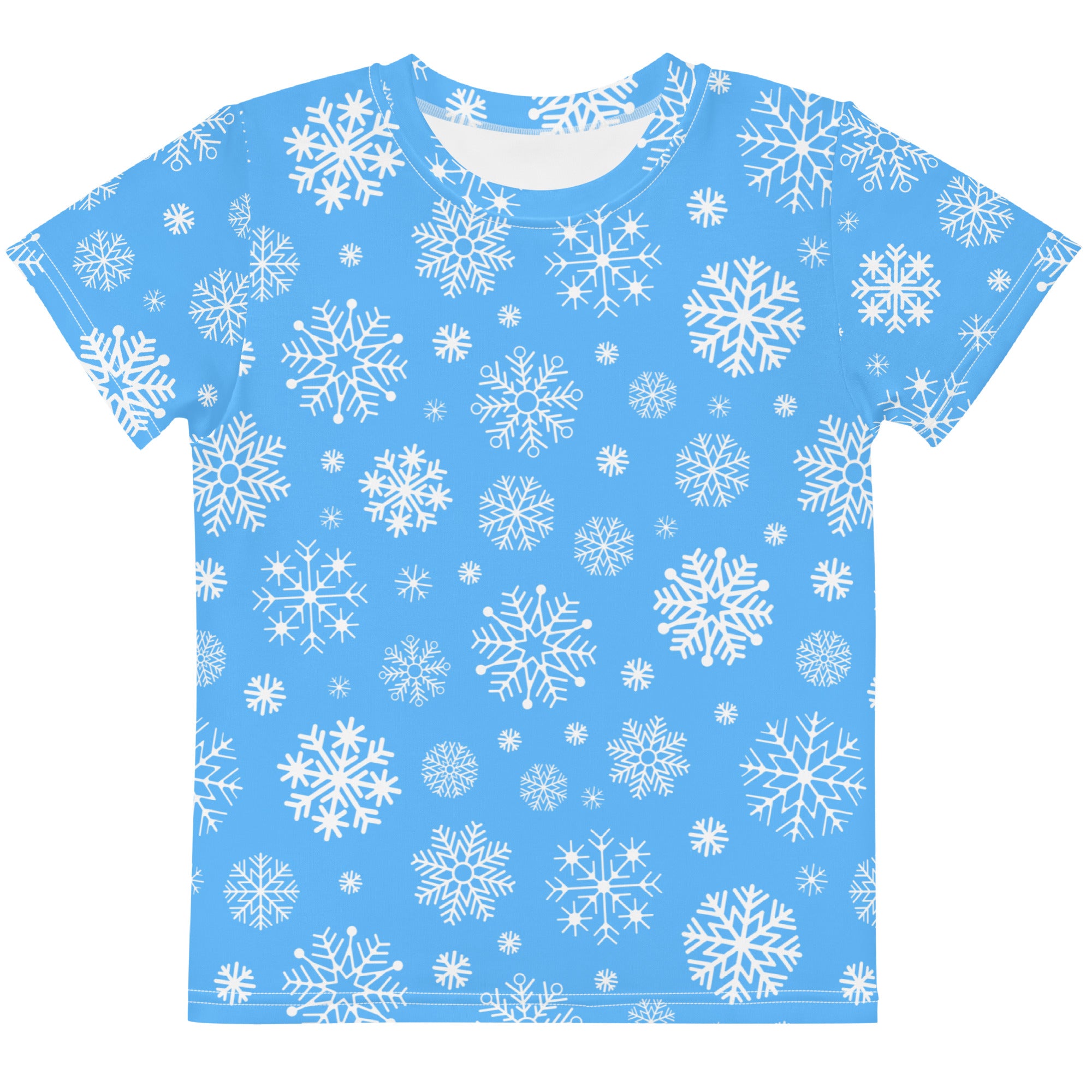 Kids blue snowflakes cotton t-shirt with light blue short sleeves and white all-over snowflake print