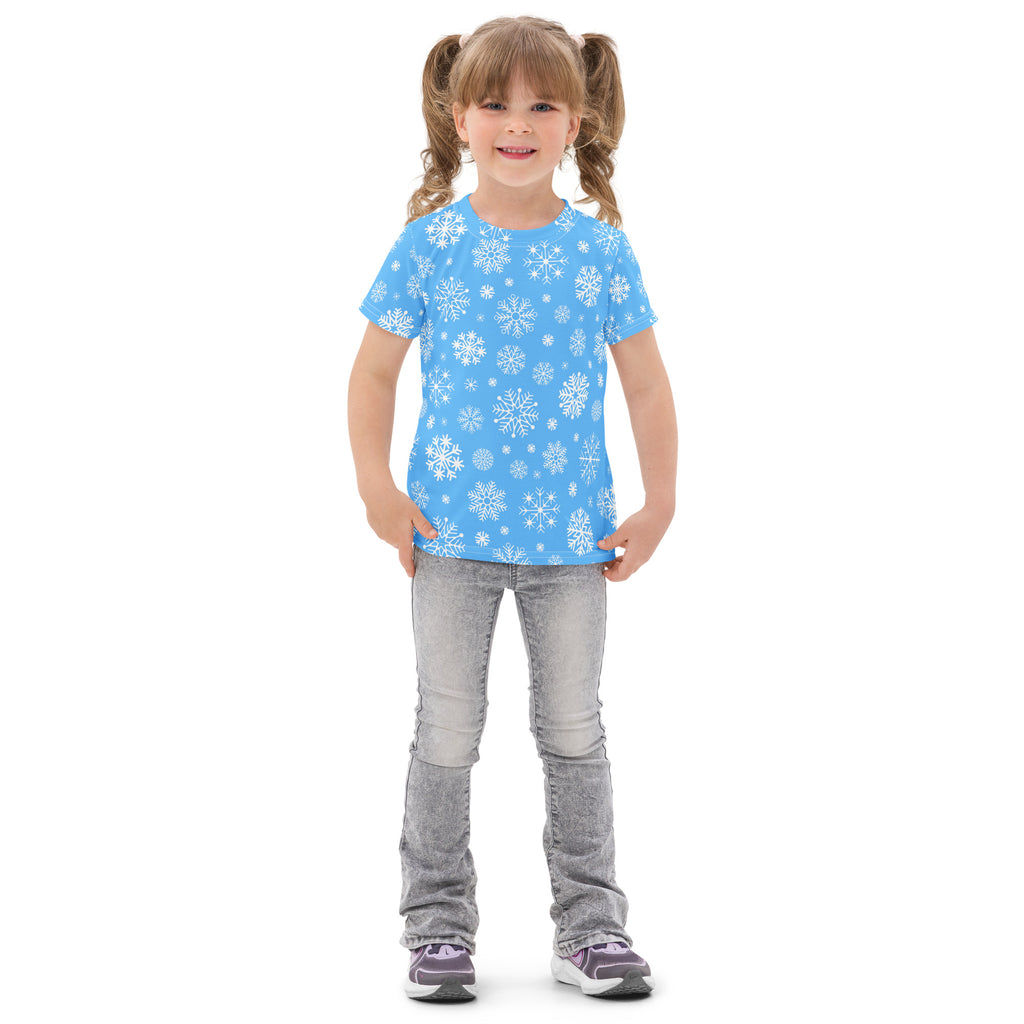 Kids blue snowflakes cotton t-shirt with white snowflake pattern on light blue short-sleeved fabric