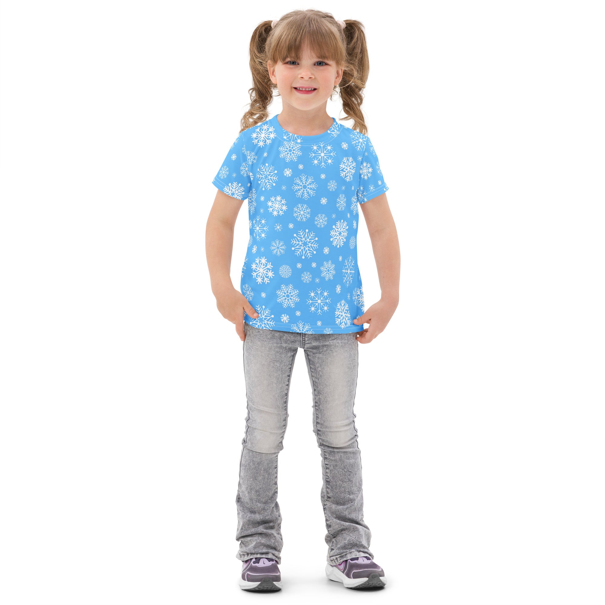 Kids blue snowflakes cotton t-shirt with white snowflake pattern on light blue short-sleeved fabric
