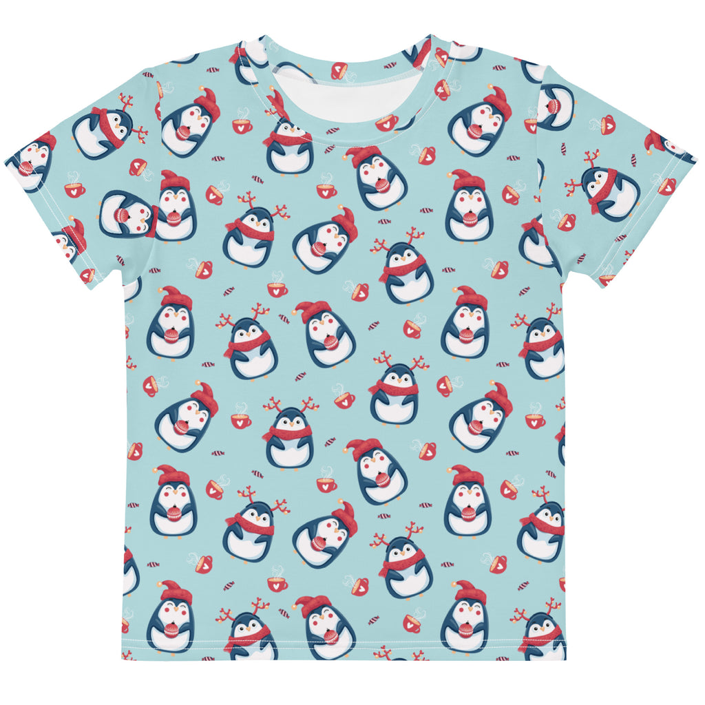Kids reindeer penguin christmas cotton t-shirt in light blue with playful penguin print wearing red hats and scarves