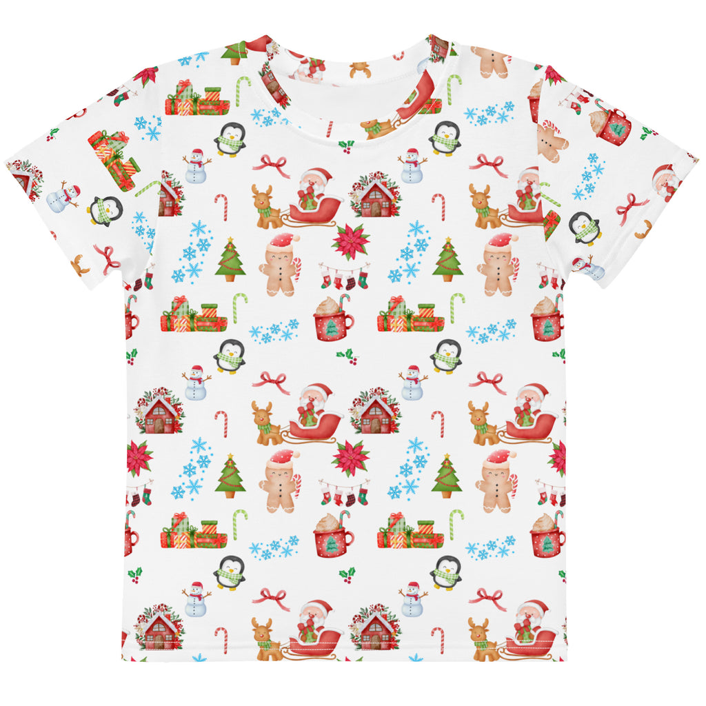 Kids christmas cotton t-shirt white short-sleeved with festive red green and blue santa reindeer holiday print