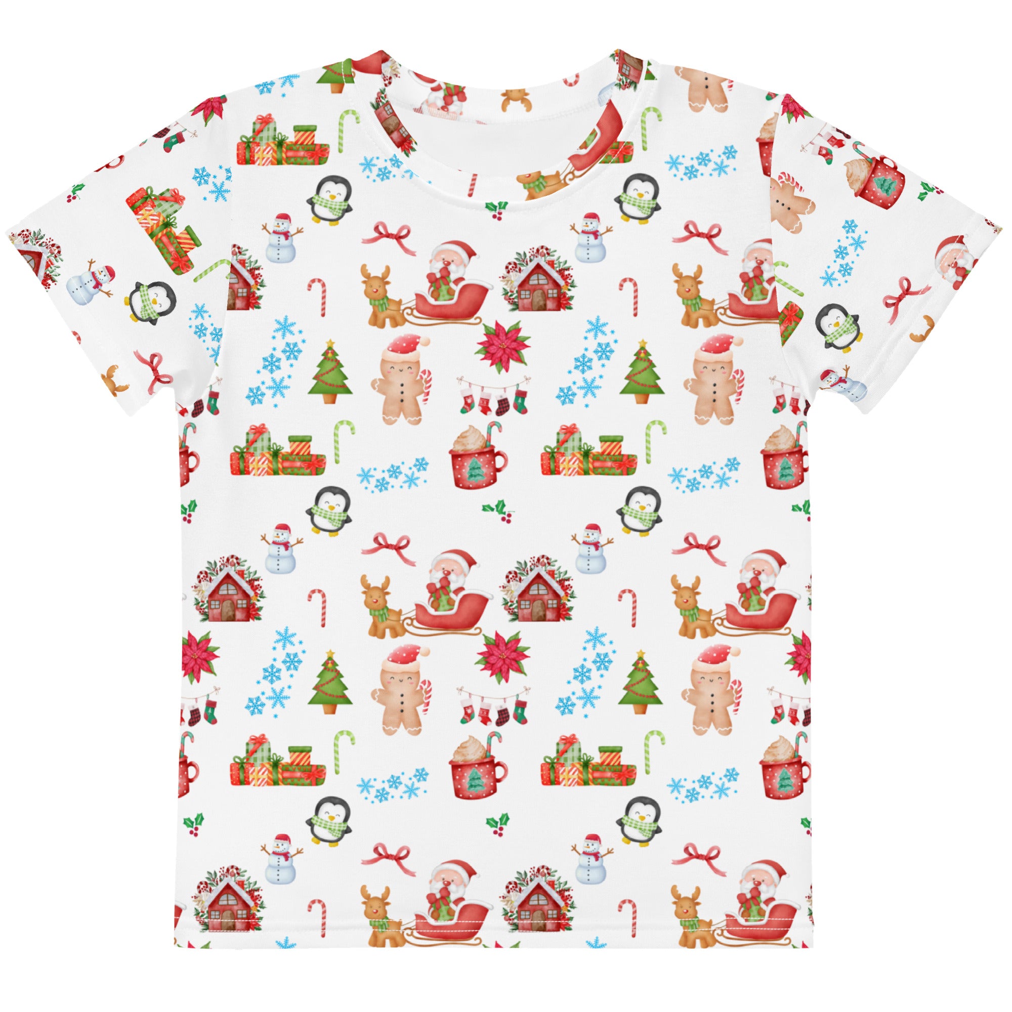 Kids christmas cotton t-shirt white short-sleeved with festive red green and blue santa reindeer holiday print