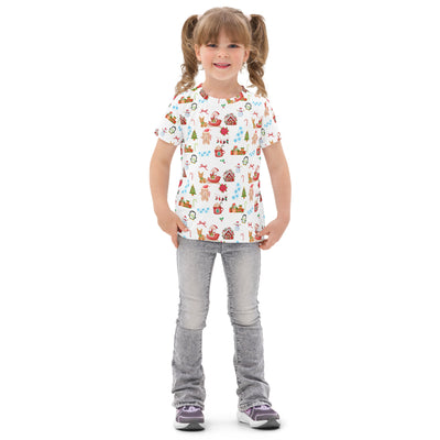 White cotton kids christmas t-shirt with short sleeves and festive red green and brown graphics on a light background