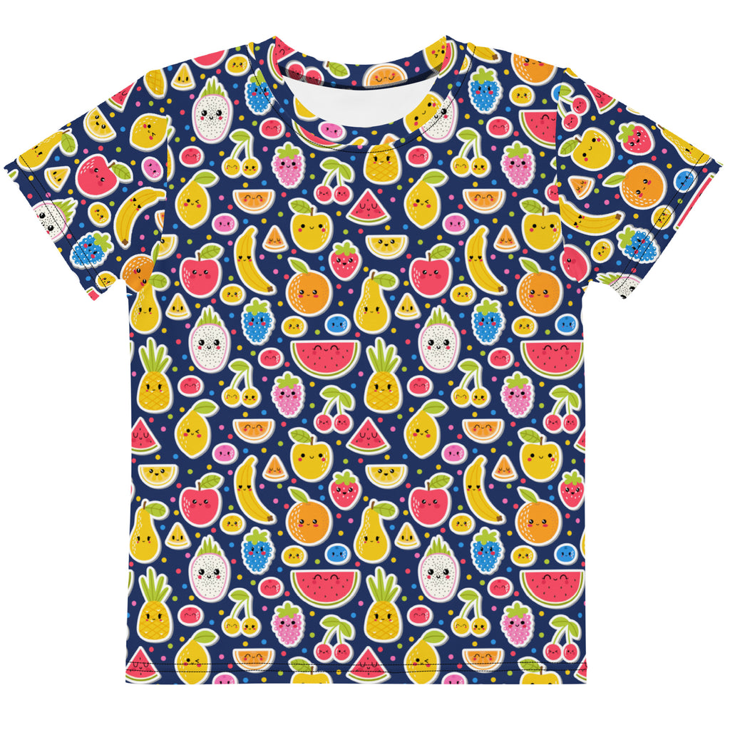 Kids emoji fruit cotton t-shirt navy blue short-sleeved with playful cartoon fruits all-over print