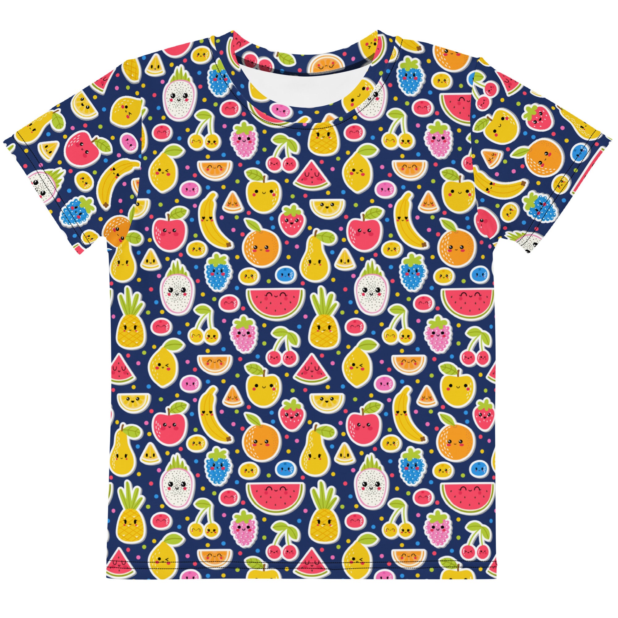 Kids emoji fruit cotton t-shirt navy blue short-sleeved with playful cartoon fruits all-over print
