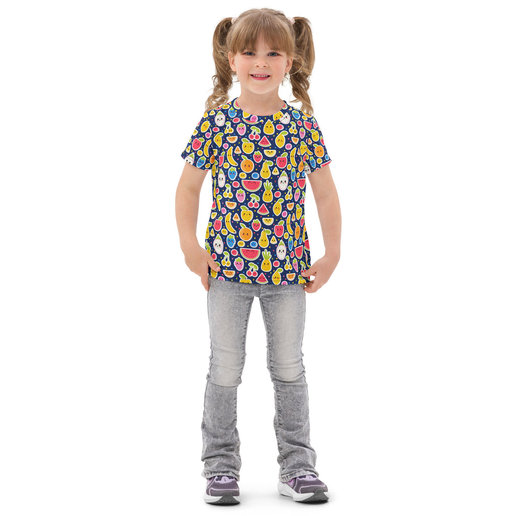 Kids emoji fruit cotton t-shirt navy blue short-sleeved with vibrant cartoon fruits and vegetables pattern