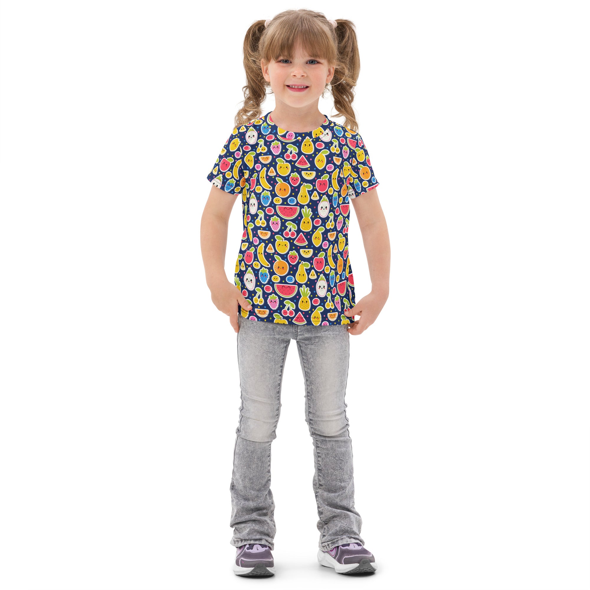 Kids emoji fruit cotton t-shirt navy blue short-sleeved with vibrant cartoon fruits and vegetables pattern