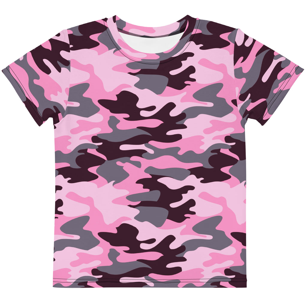Girls pink camouflage cotton t-shirt featuring pink and gray short sleeve design for casual wear