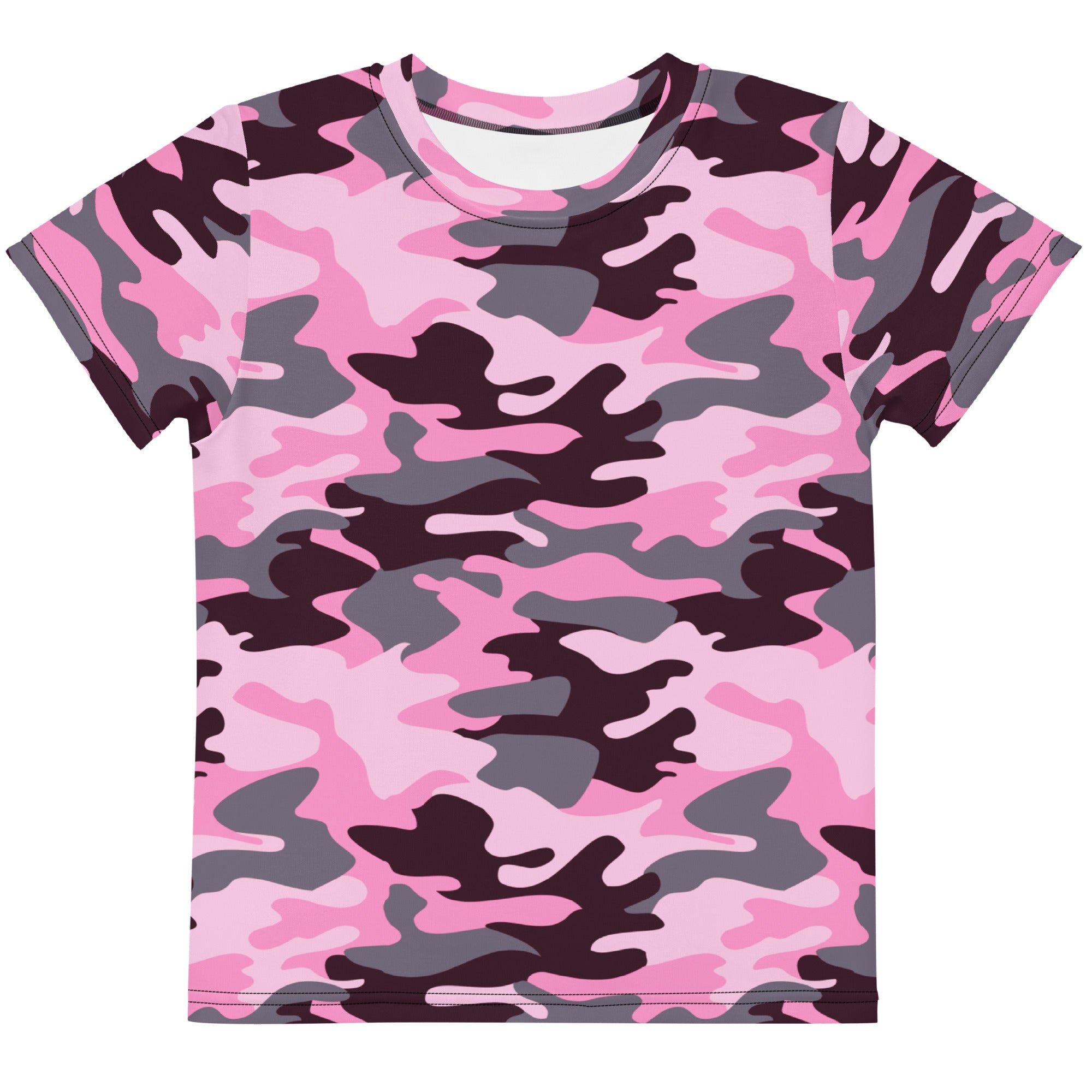 Girls pink camouflage cotton t-shirt featuring pink and gray short sleeve design for casual wear