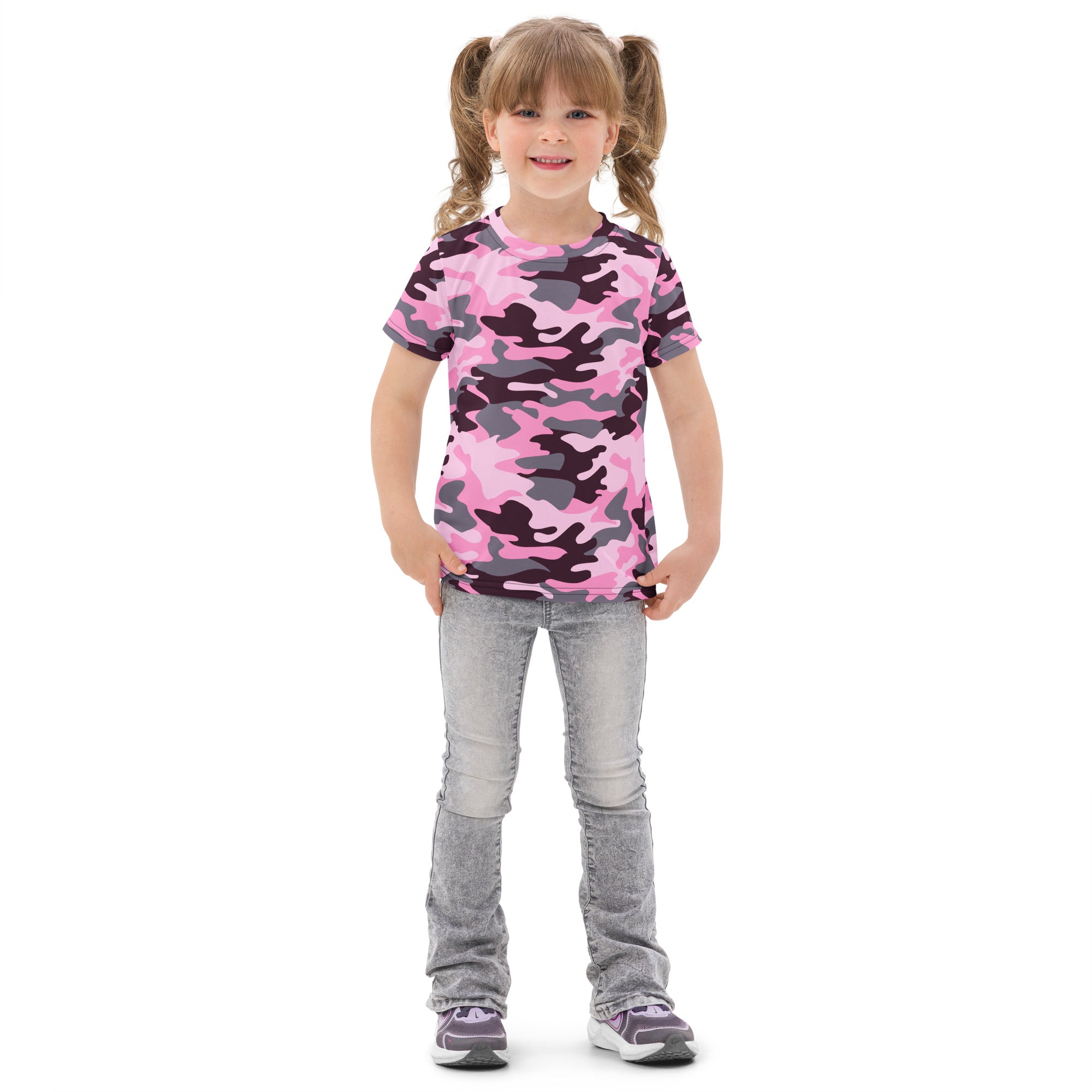 Girls pink and gray camouflage cotton short-sleeved t-shirt ideal for casual wear in soft breathable fabric