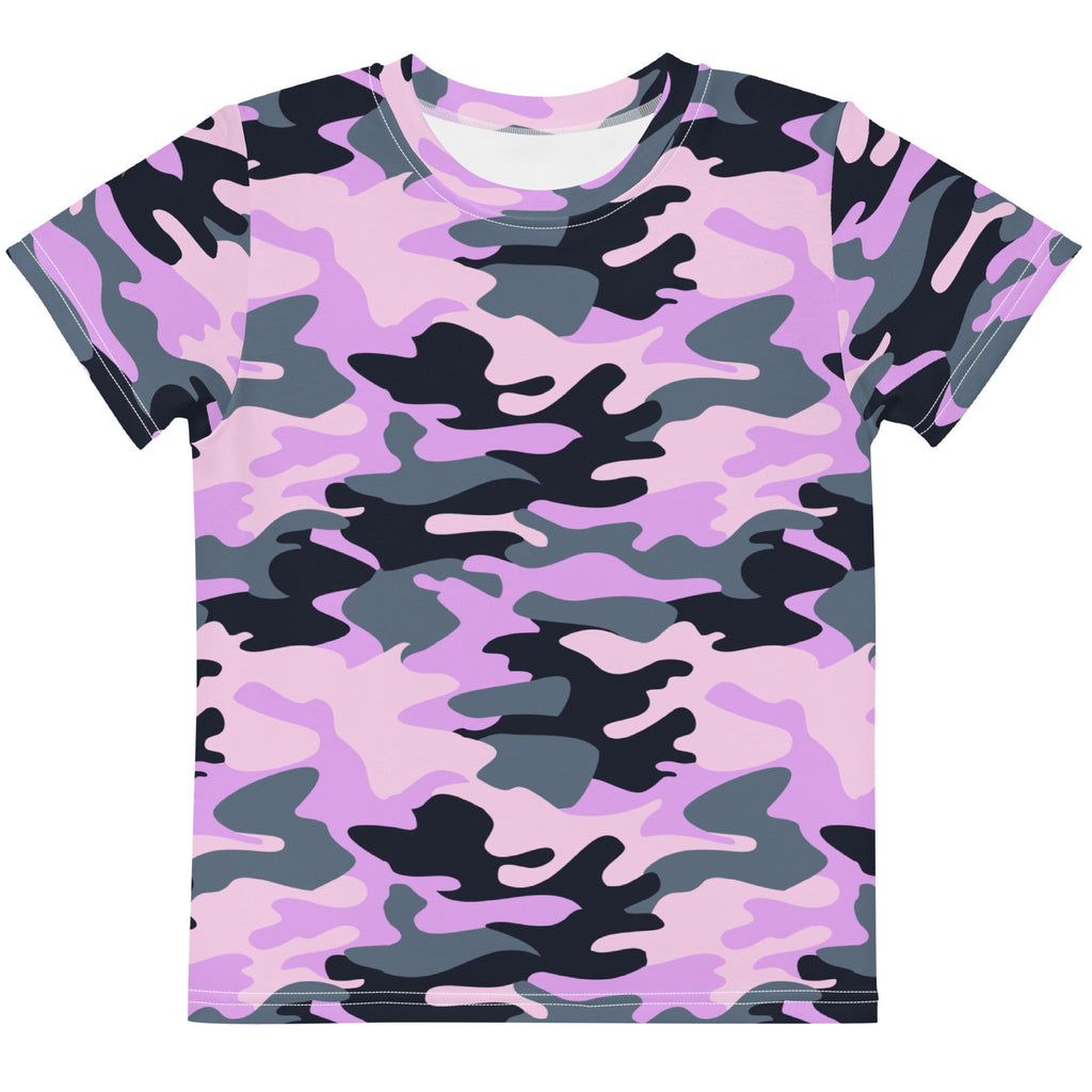 Girls purple cotton t-shirt with short sleeves and a vibrant pink black and gray camouflage pattern