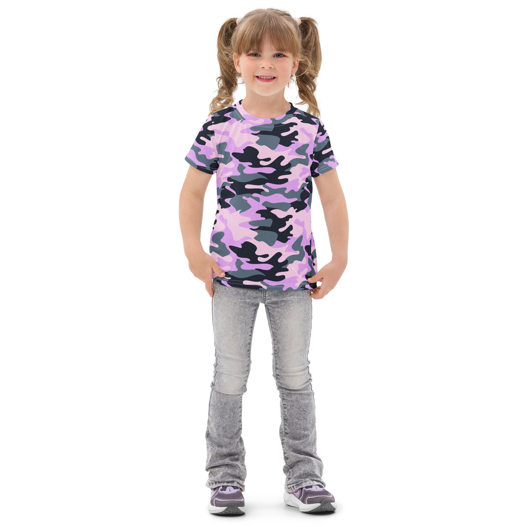 A child wearing a girls purple camouflage cotton t-shirt with lavender and dark gray short-sleeved pattern