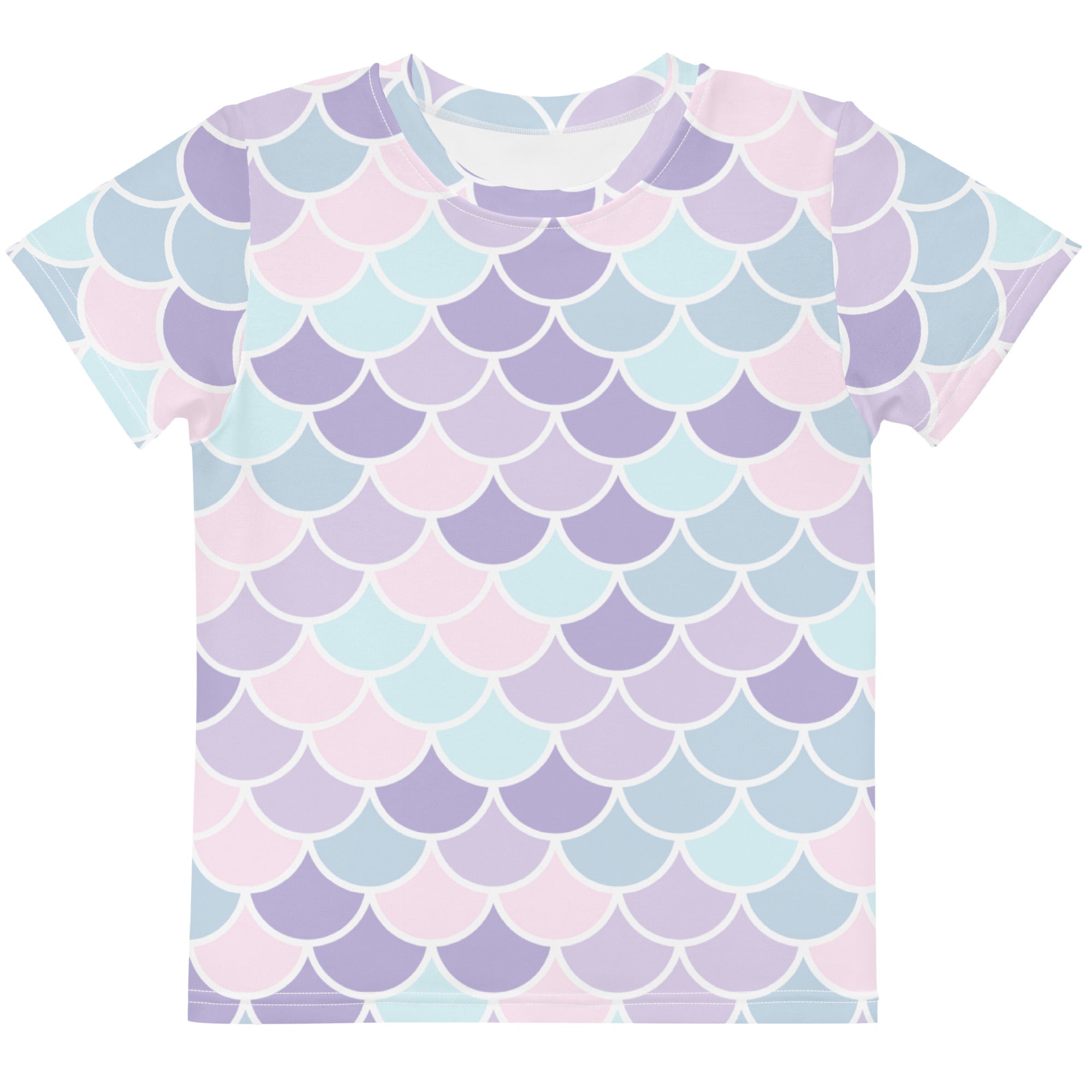 Girls pastel mermaid scales cotton t-shirt with short sleeves and soft lavender mint green blush pink pattern