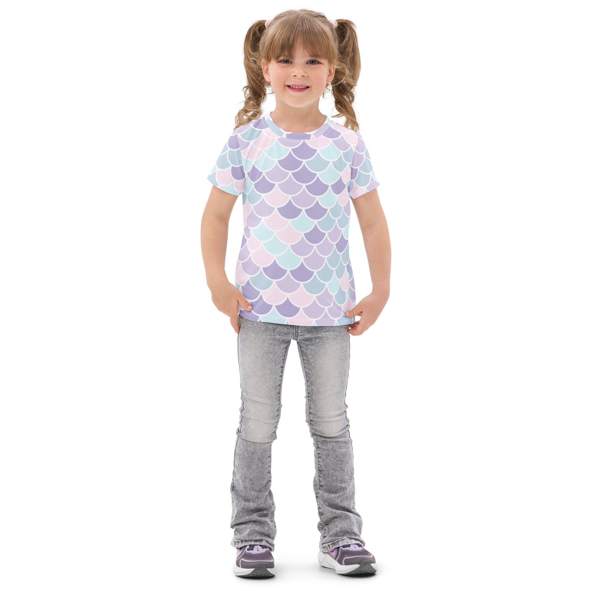 Girls pastel mermaid scales cotton t-shirt with short sleeves and a soft lavender mint green scale pattern
