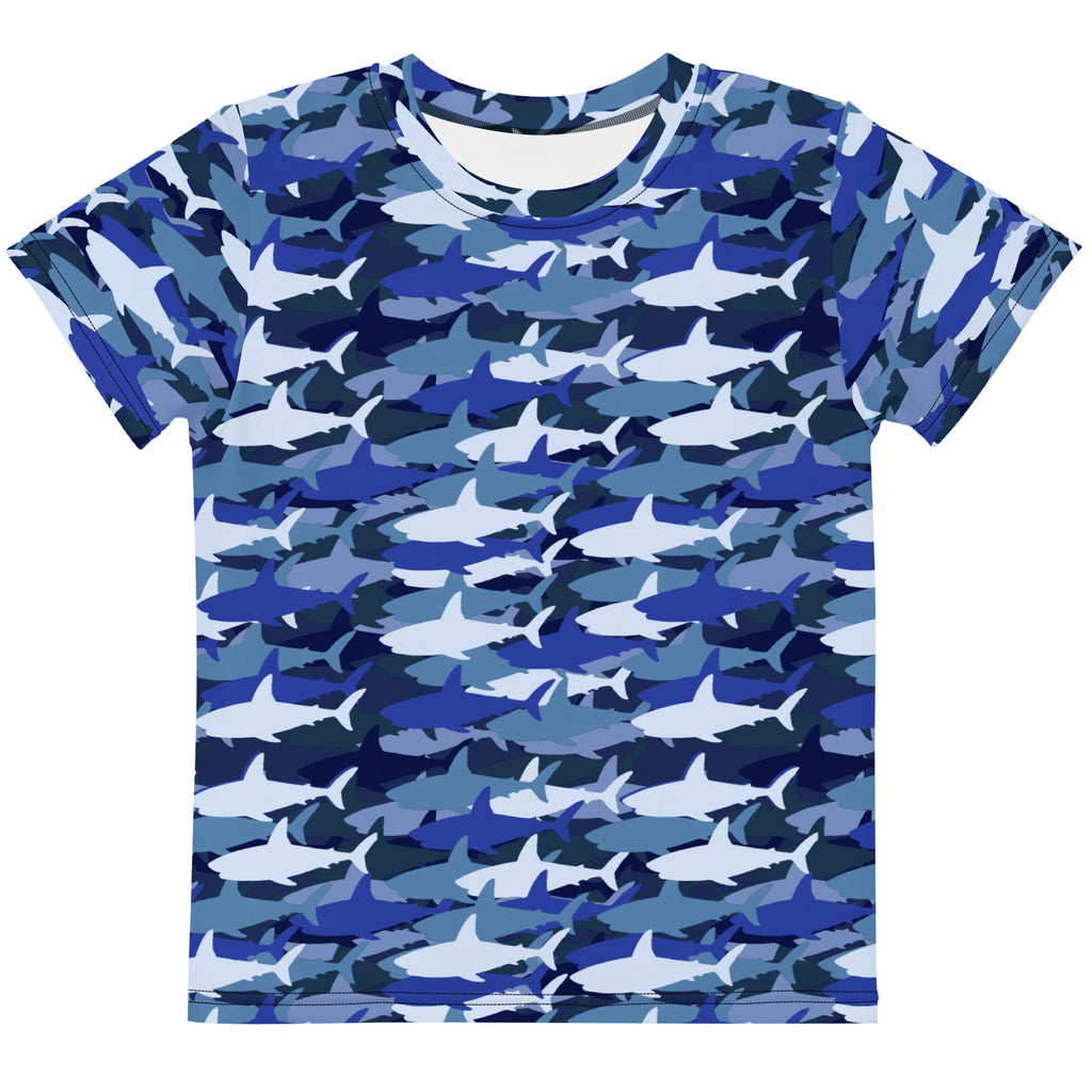 Kids blue shark camo cotton t-shirt featuring blue and white shark camouflage pattern and short sleeves