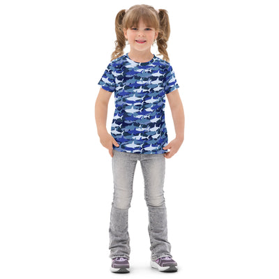 Kids blue shark camo short-sleeve cotton t-shirt featuring a playful shark pattern for casual wear