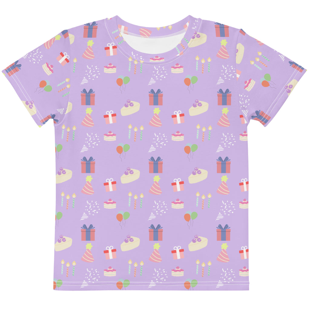 Kids purple birthday party cotton t-shirt with playful birthday-themed pastel print and short sleeves