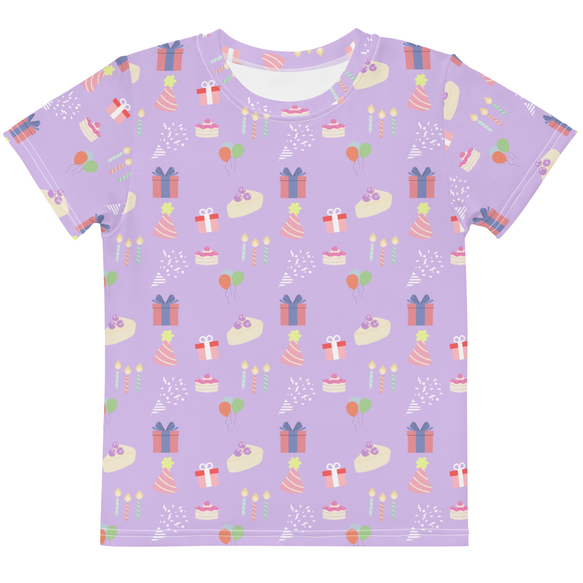 Kids purple birthday party cotton t-shirt with playful birthday-themed pastel print and short sleeves