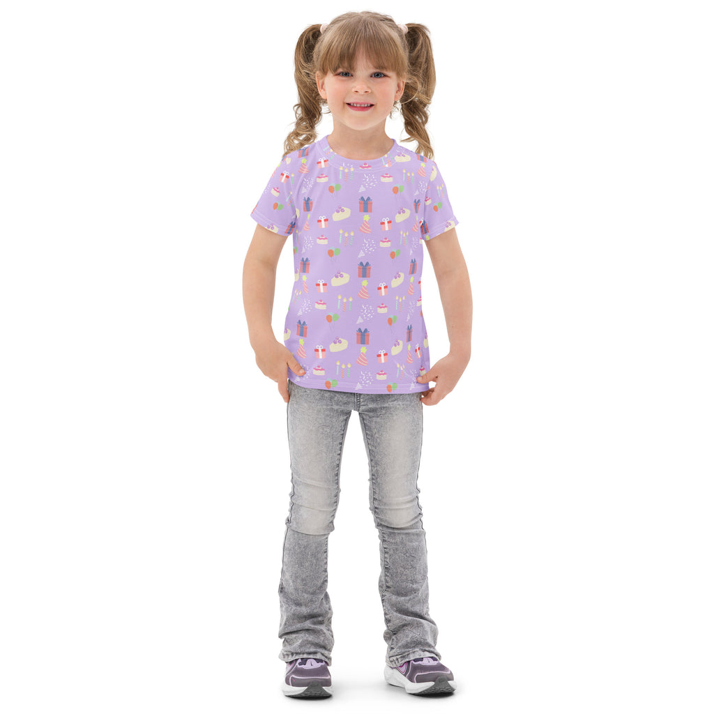 Kids purple birthday party cotton t-shirt in lavender with short sleeves and playful cupcakes lollipops and gift boxes pattern