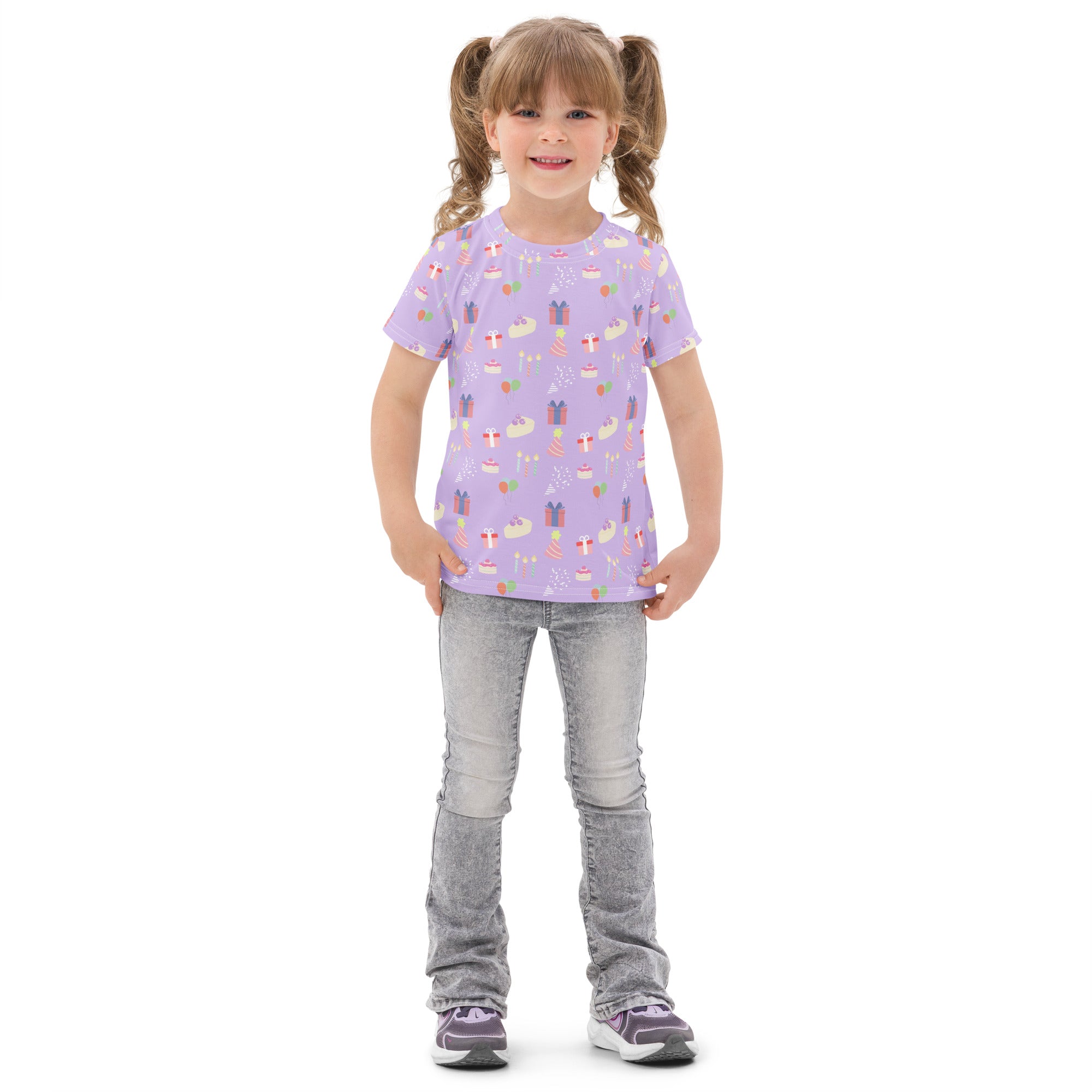 Kids purple birthday party cotton t-shirt in lavender with short sleeves and playful cupcakes lollipops and gift boxes pattern