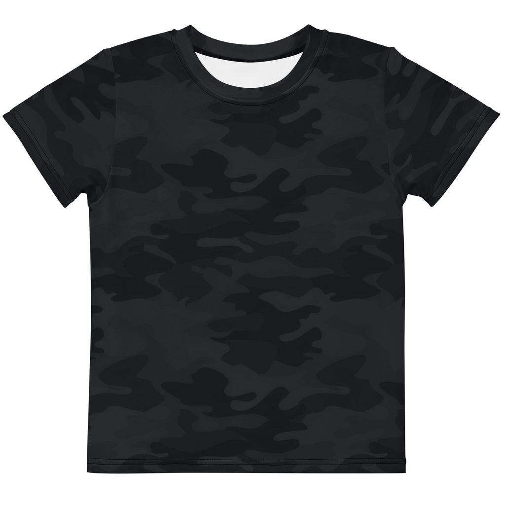 Kids black camouflage cotton t-shirt with short sleeves and crew neck for casual wear