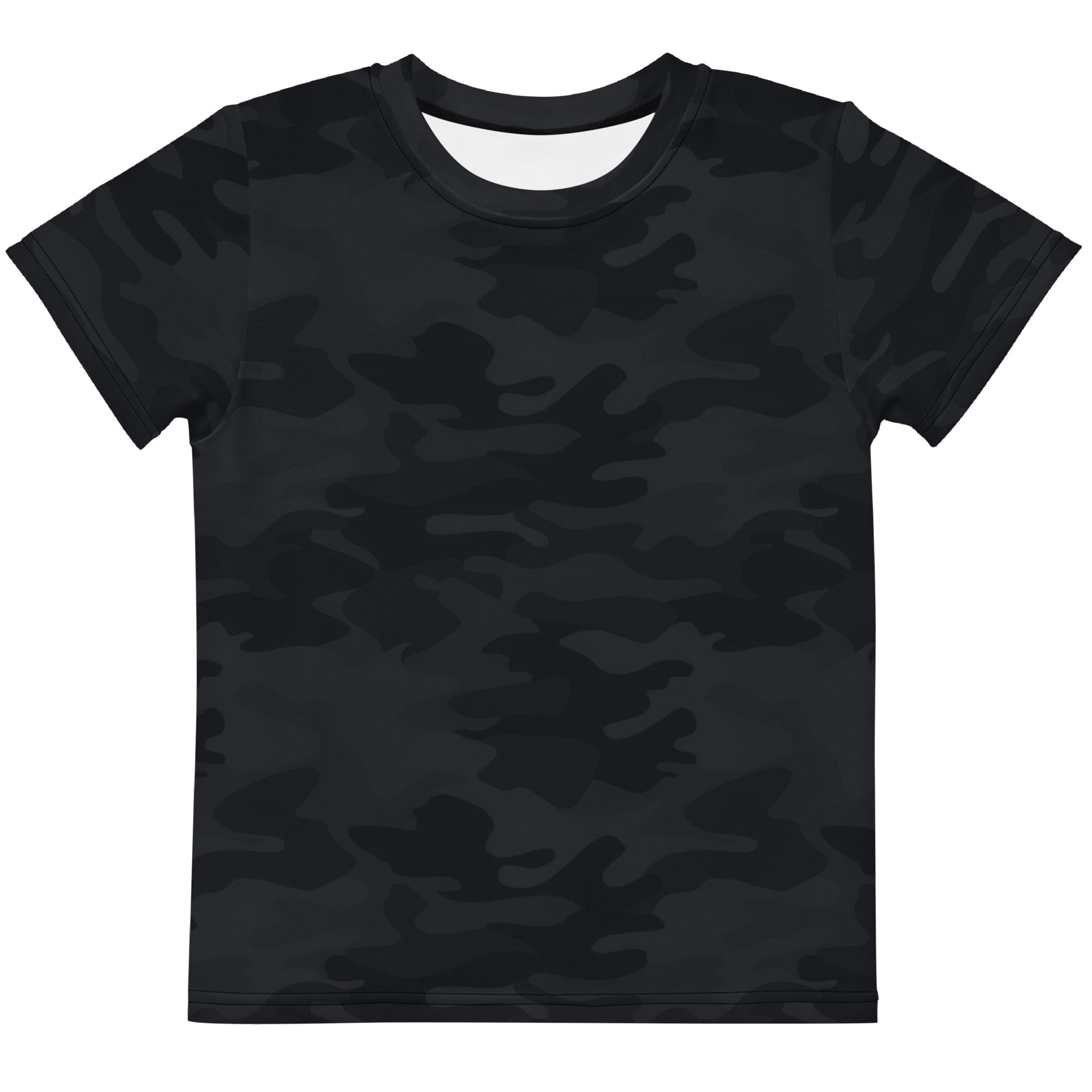 Kids black camouflage cotton t-shirt with short sleeves and crew neck for casual wear