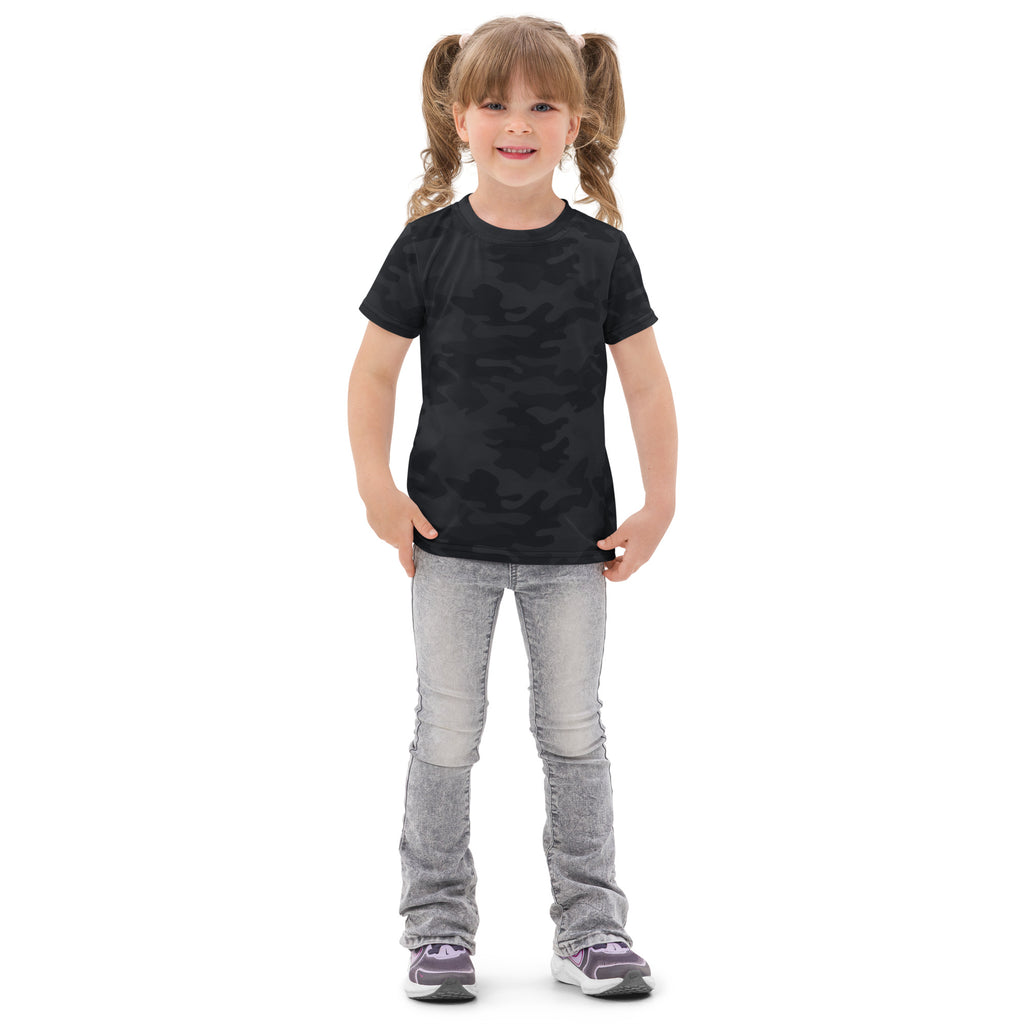 Kids black camouflage cotton t-shirt with short sleeves showing front view for casual wear
