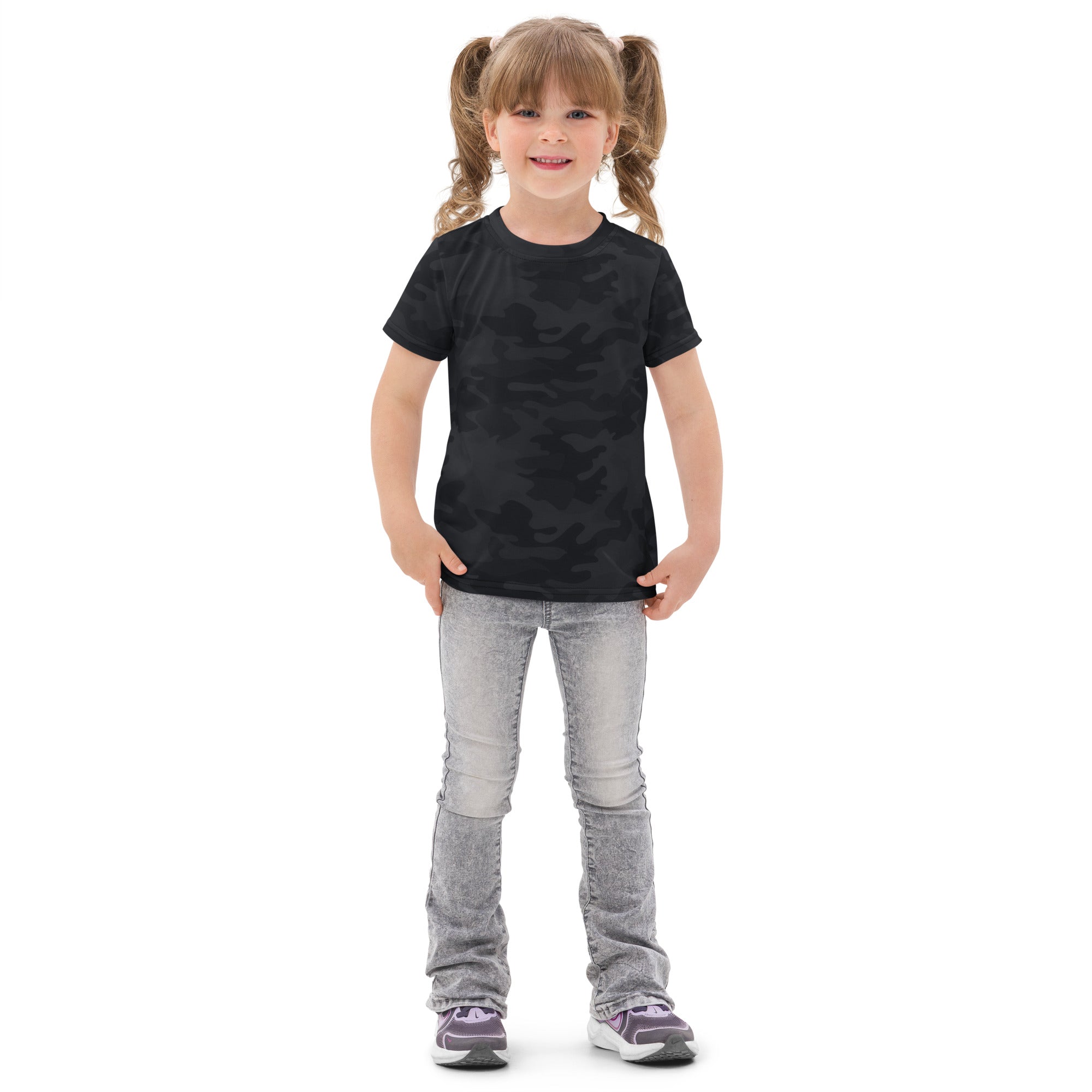 Kids black camouflage cotton t-shirt with short sleeves showing front view for casual wear
