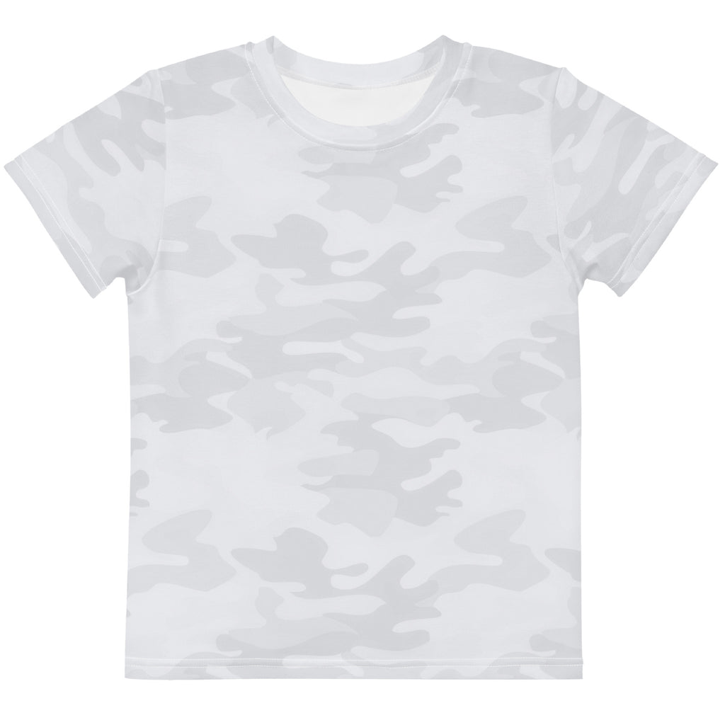 Kids white short-sleeved cotton t-shirt with a subtle gray camouflage pattern for casual wear