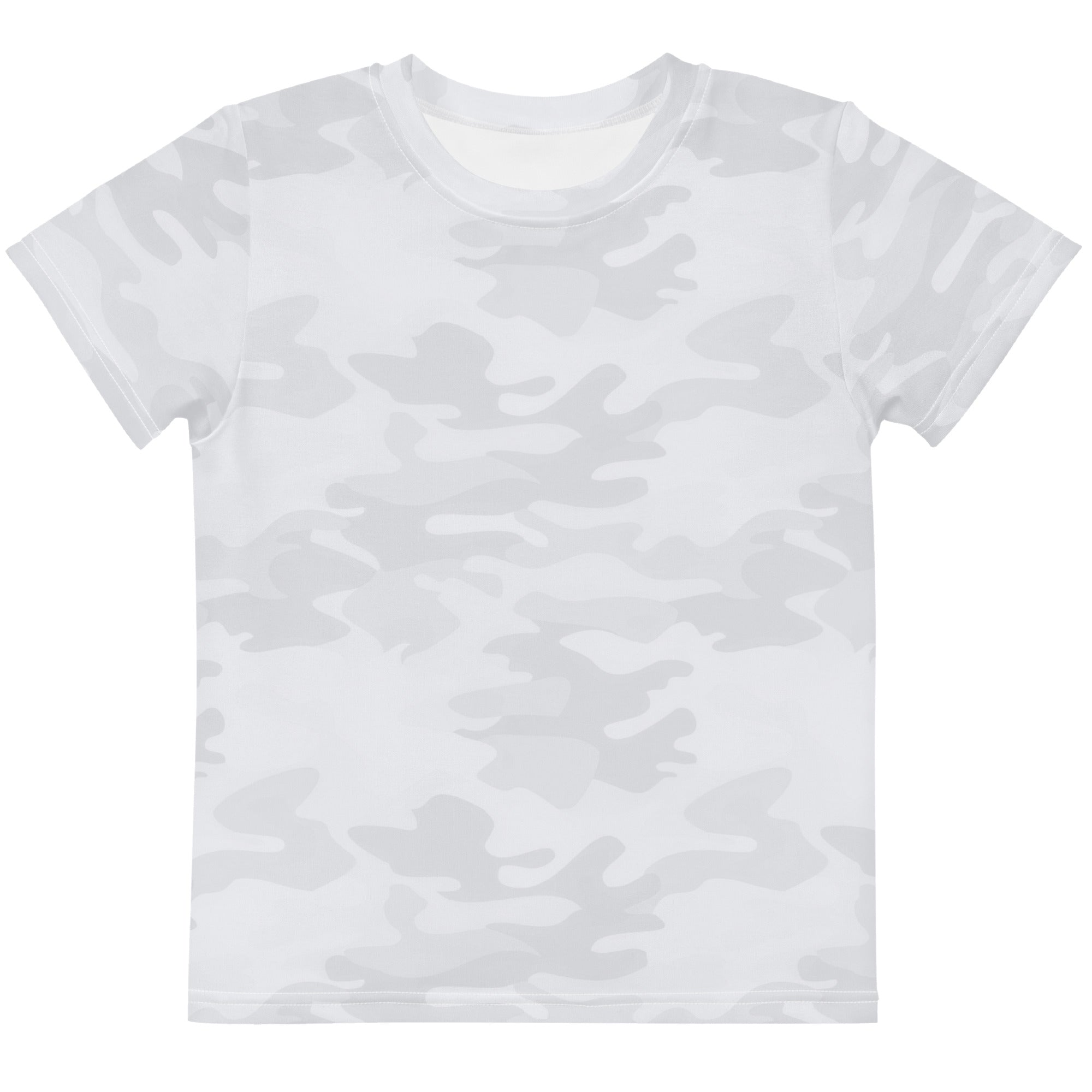 Kids white short-sleeved cotton t-shirt with a subtle gray camouflage pattern for casual wear