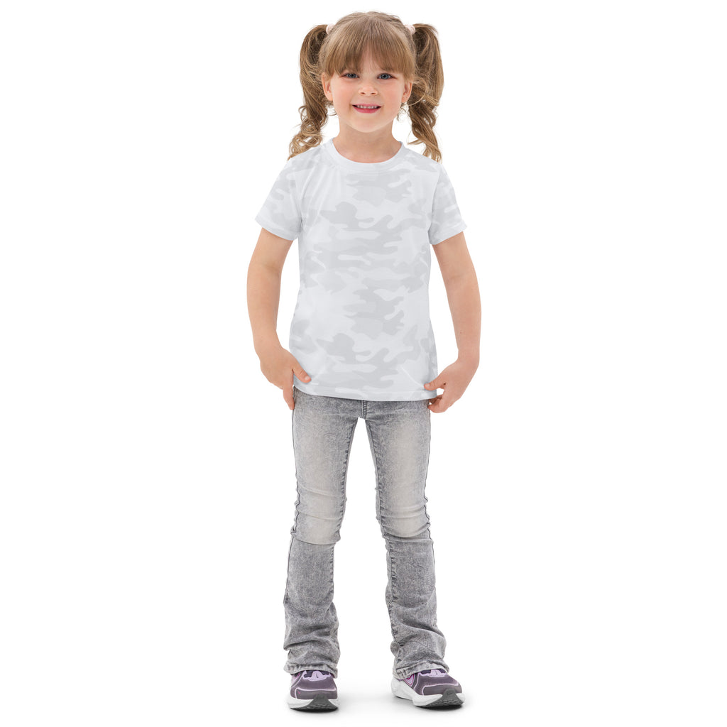 Kids white camouflage short-sleeved cotton t-shirt front view with breathable fabric for everyday wear
