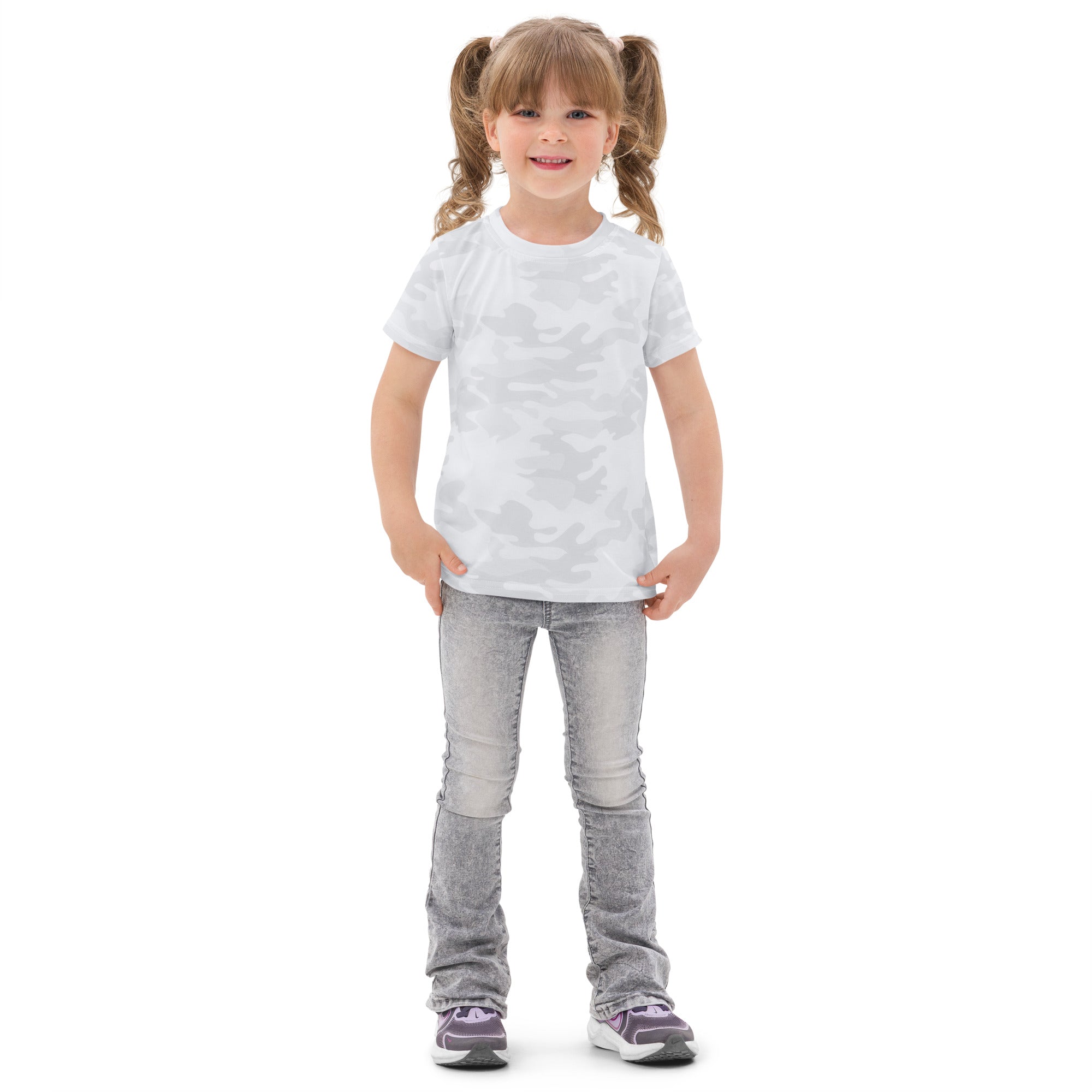Kids white camouflage short-sleeved cotton t-shirt front view with breathable fabric for everyday wear