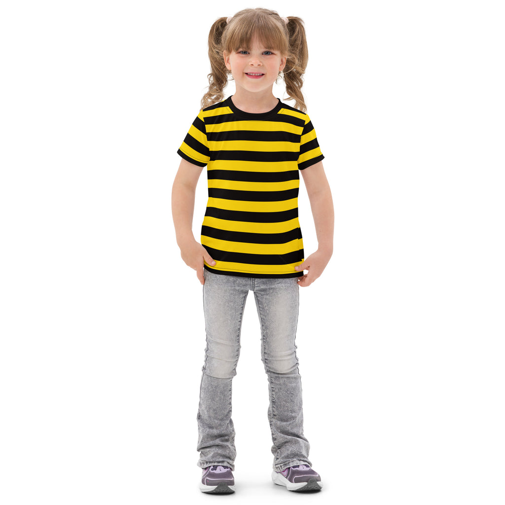 A child wearing a kids yellow and black stripes bee cotton t-shirt with short sleeves and a round neckline
