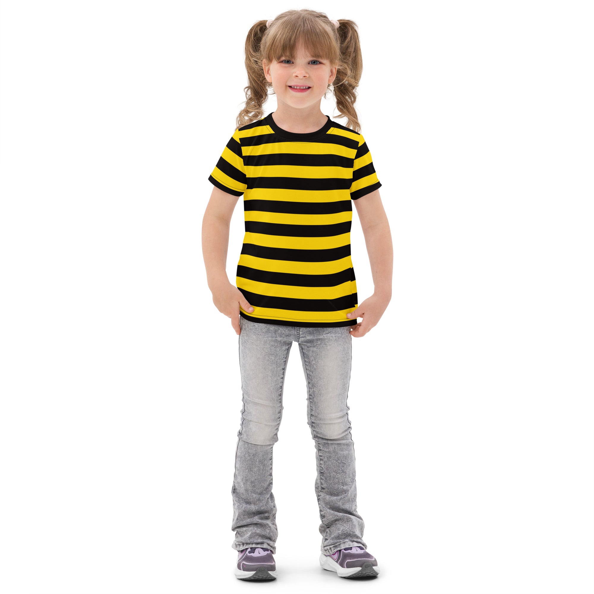 A child wearing a kids yellow and black stripes bee cotton t-shirt with short sleeves and a round neckline