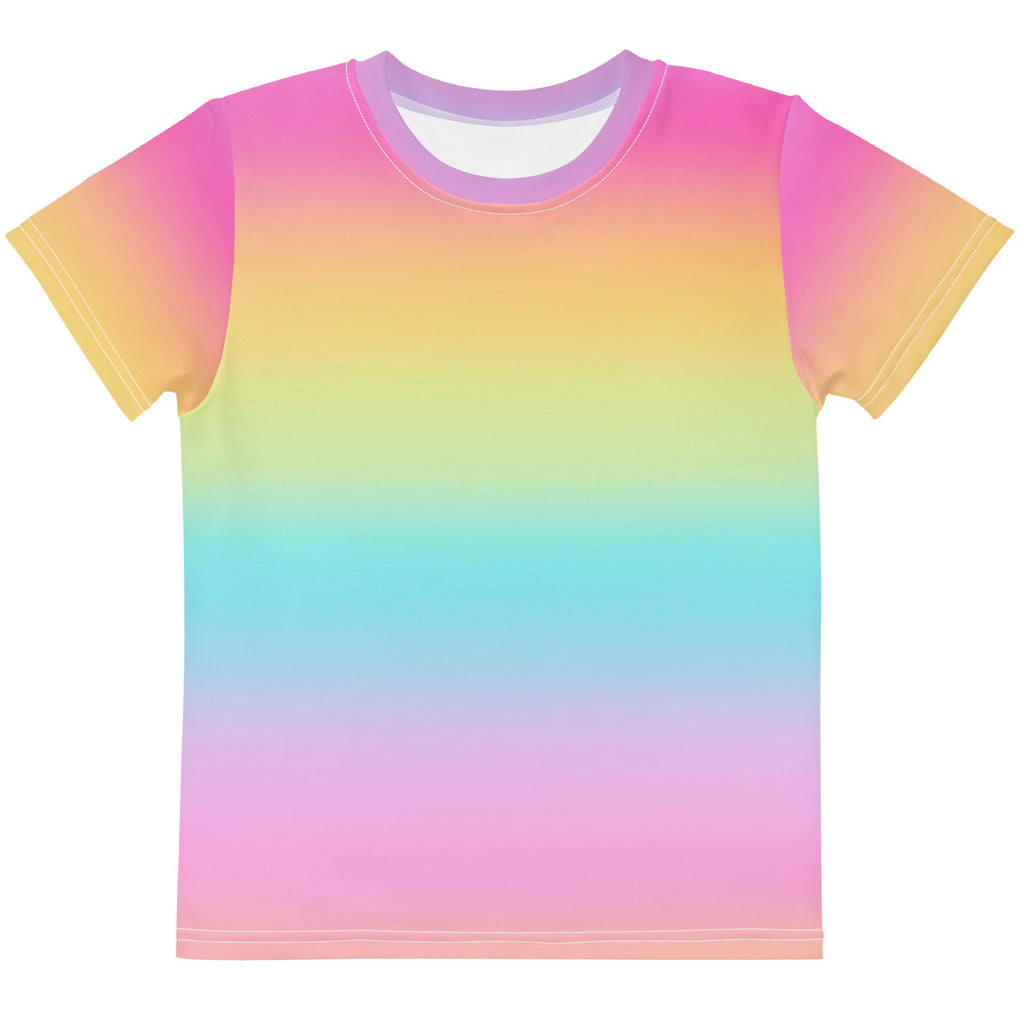 Girls bright rainbow cotton t-shirt with vibrant gradient colors soft smooth fabric and rounded neckline
