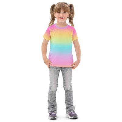 Girls bright rainbow cotton t-shirt with short sleeves and round neckline made of soft breathable fabric