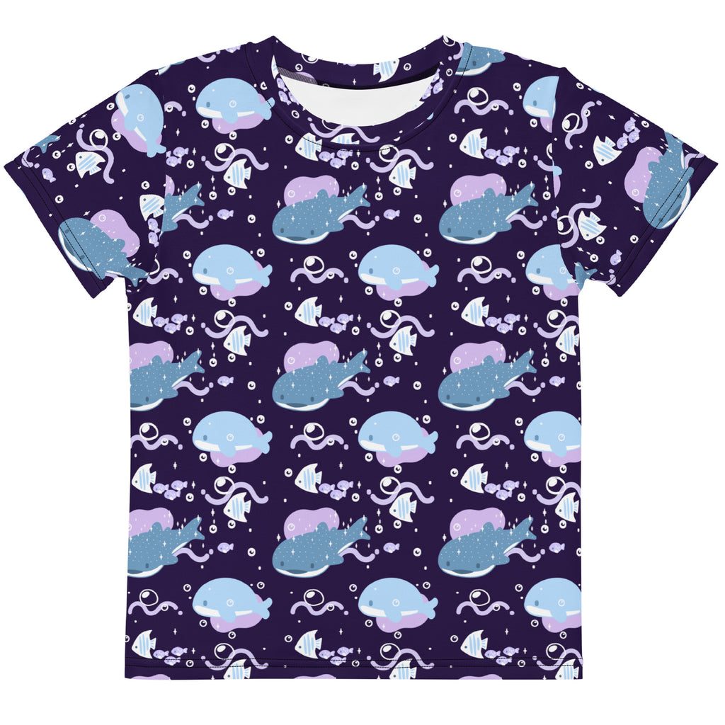 Kids purple whale shark cotton t-shirt navy blue with playful cartoon whales fish and bubbles all-over print
