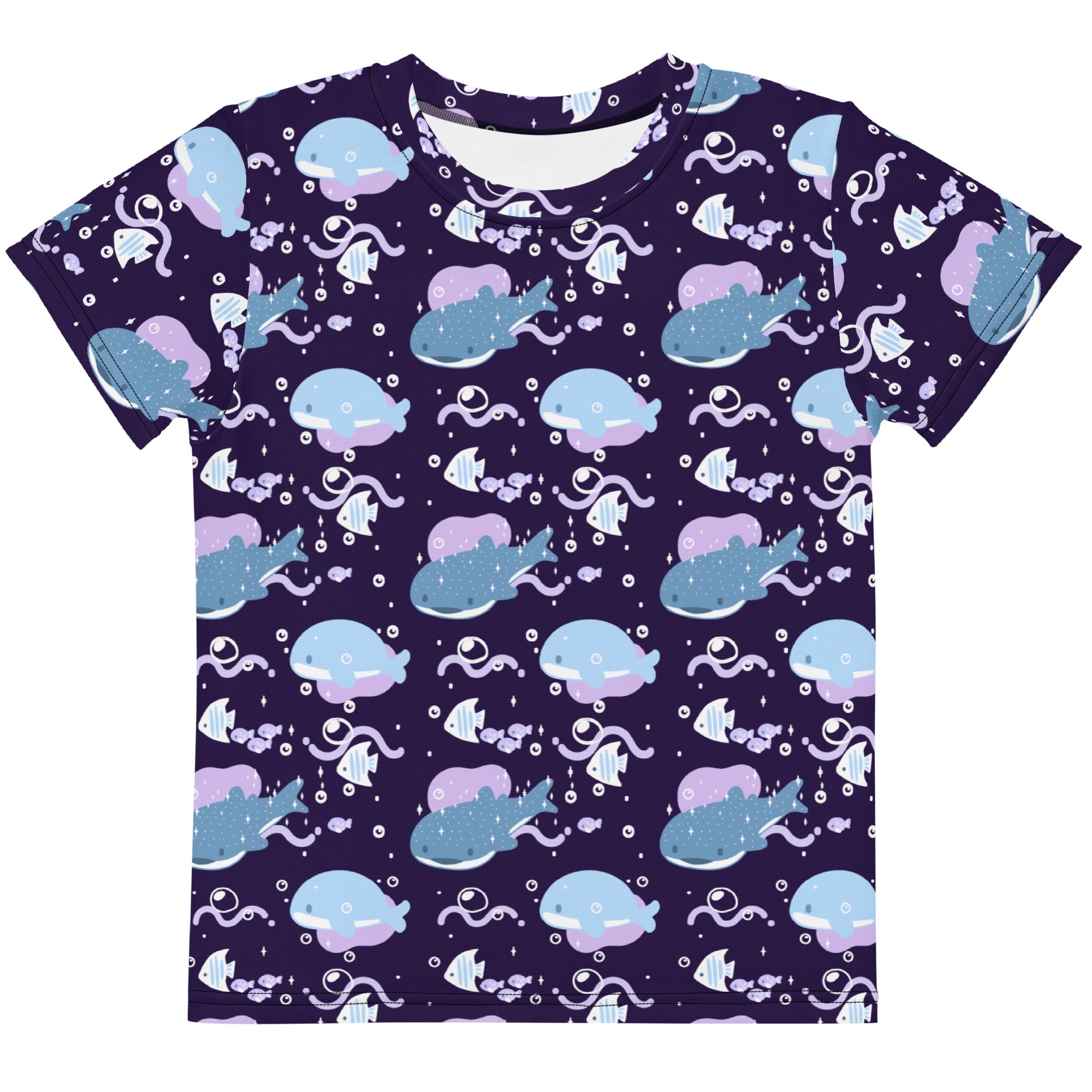Kids purple whale shark cotton t-shirt navy blue with playful cartoon whales fish and bubbles all-over print