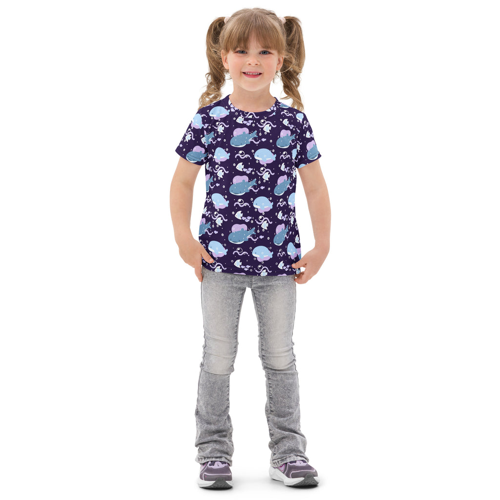 Kids purple whale shark cotton t-shirt navy blue with playful light blue and purple whales octopuses and bubbles pattern