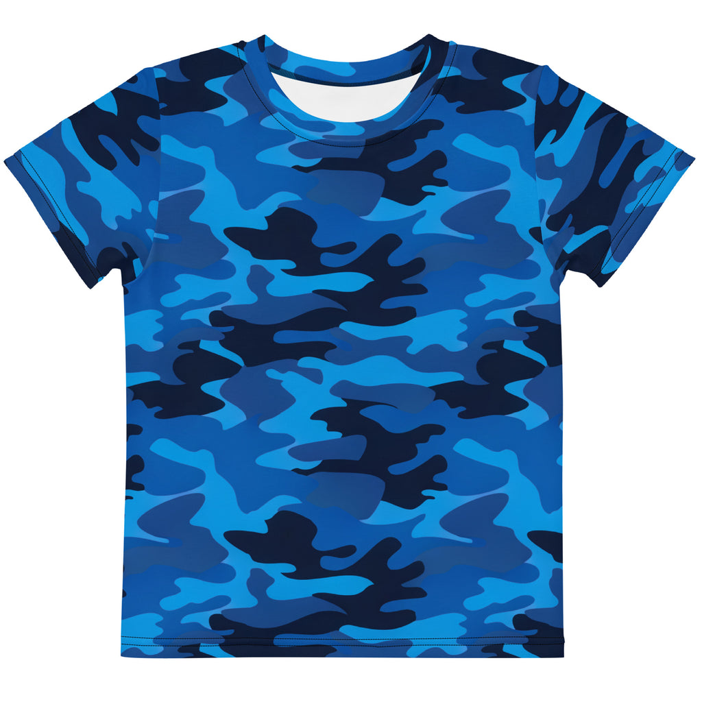 Kids blue and black camouflage cotton short-sleeved t-shirt suitable for casual wear and outdoor activities
