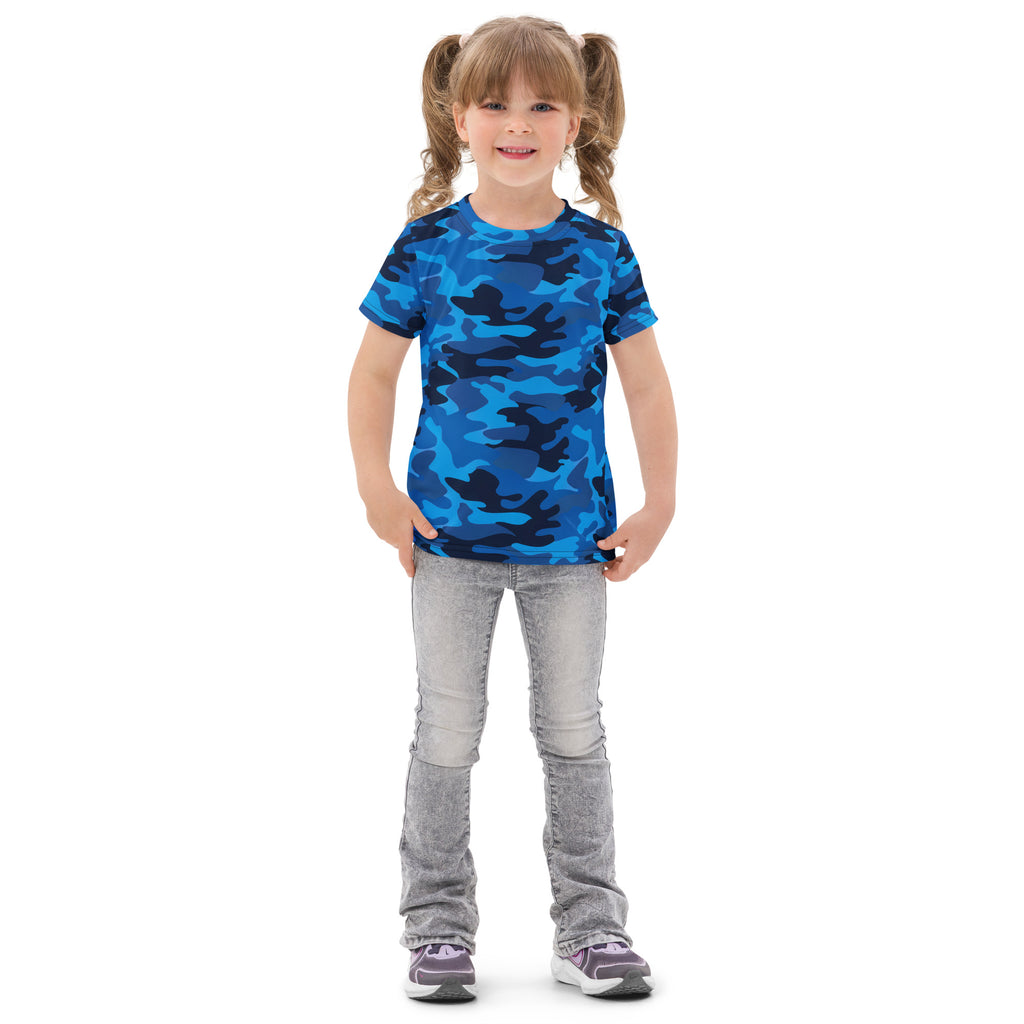 Kids blue camouflage cotton t-shirt with short sleeves featuring a blue camouflage pattern for casual wear