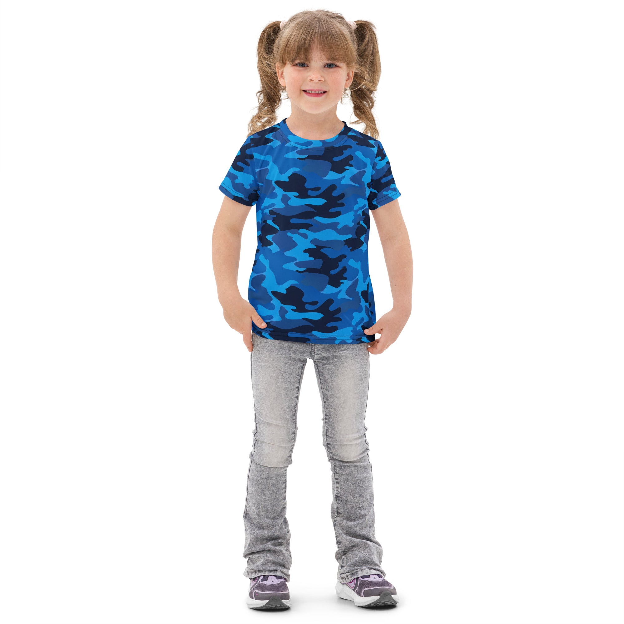 Kids blue camouflage cotton t-shirt with short sleeves featuring a blue camouflage pattern for casual wear