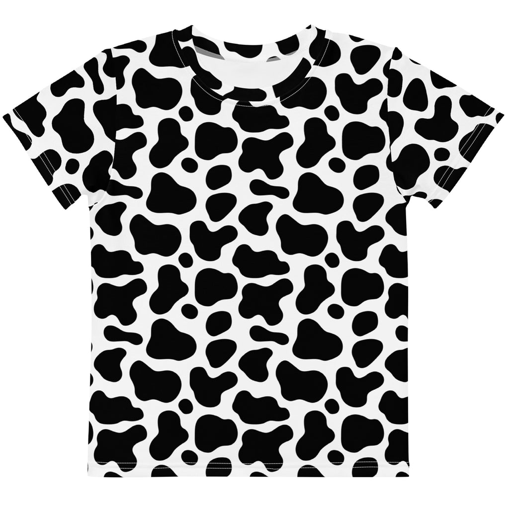 Kids black and white cow print short-sleeved cotton t-shirt for casual wear