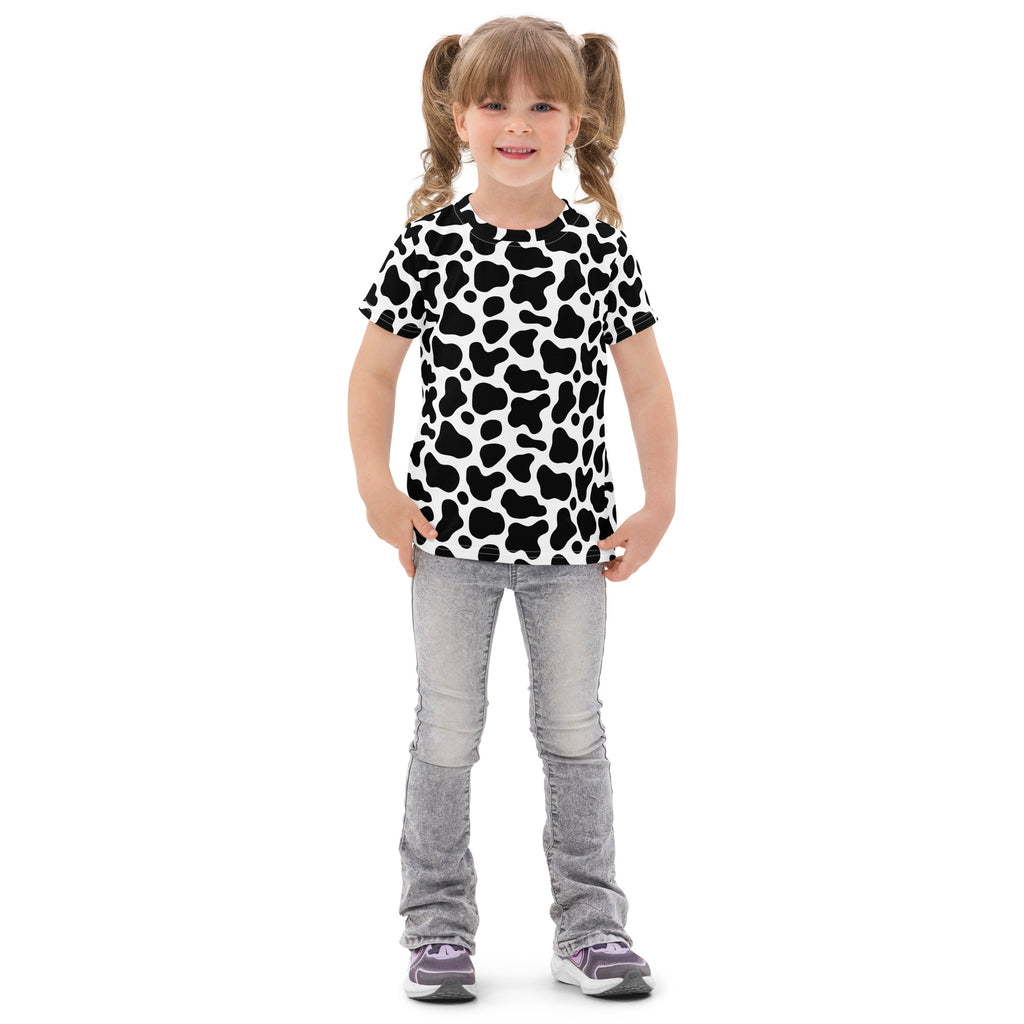 Kids black and white cow print short-sleeved cotton t-shirt featuring a playful pattern and comfortable fit