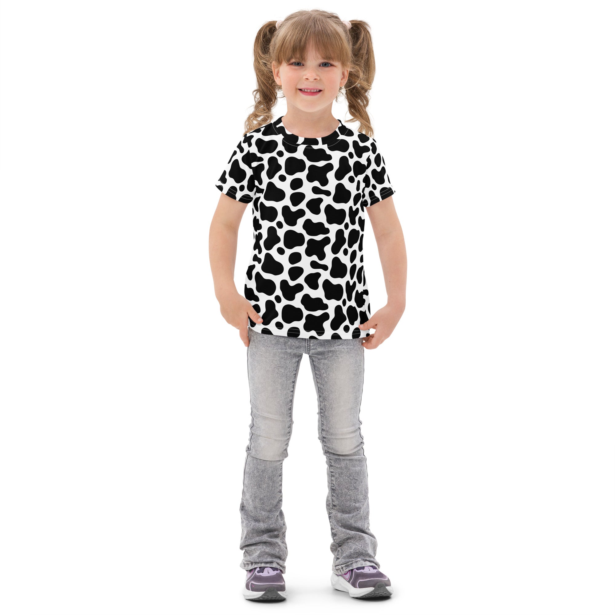 Kids black and white cow print short-sleeved cotton t-shirt featuring a playful pattern and comfortable fit