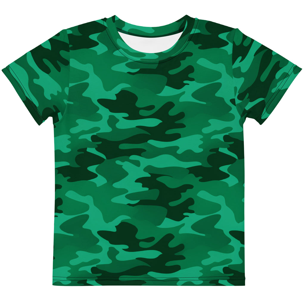 Kids green camouflage cotton t-shirt with short sleeves and crew neck for casual wear