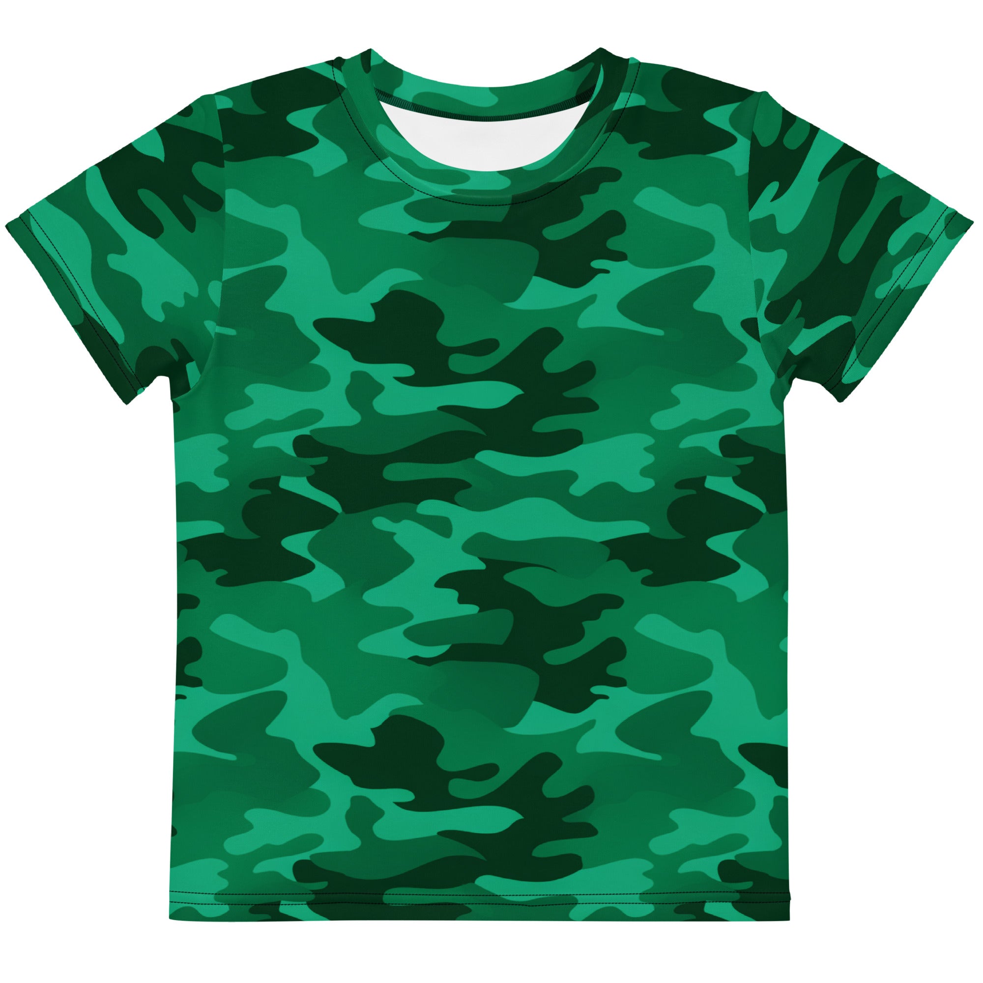 Kids green camouflage cotton t-shirt with short sleeves and crew neck for casual wear