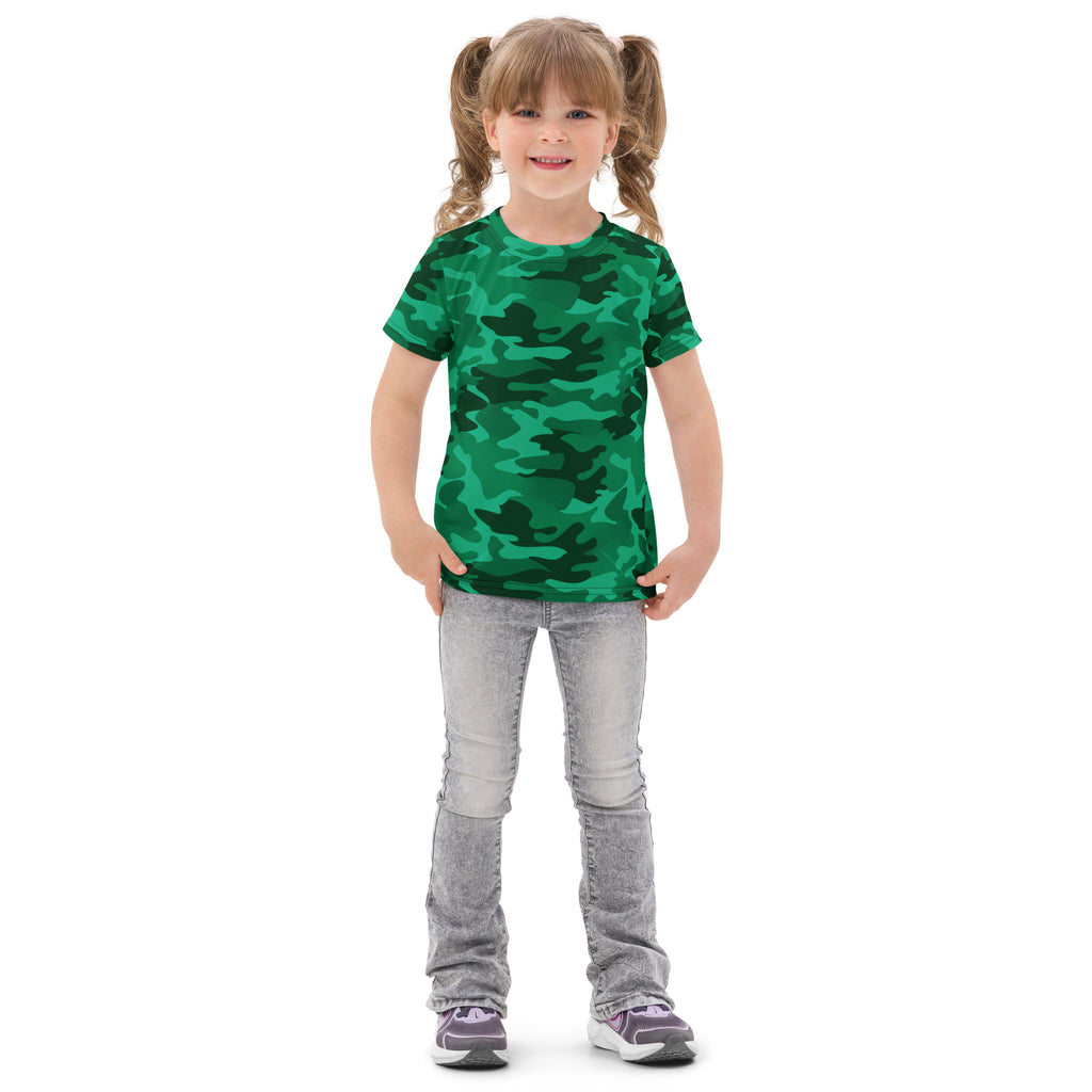 Kids green camouflage cotton t-shirt showing front side with short sleeves ideal for casual wear